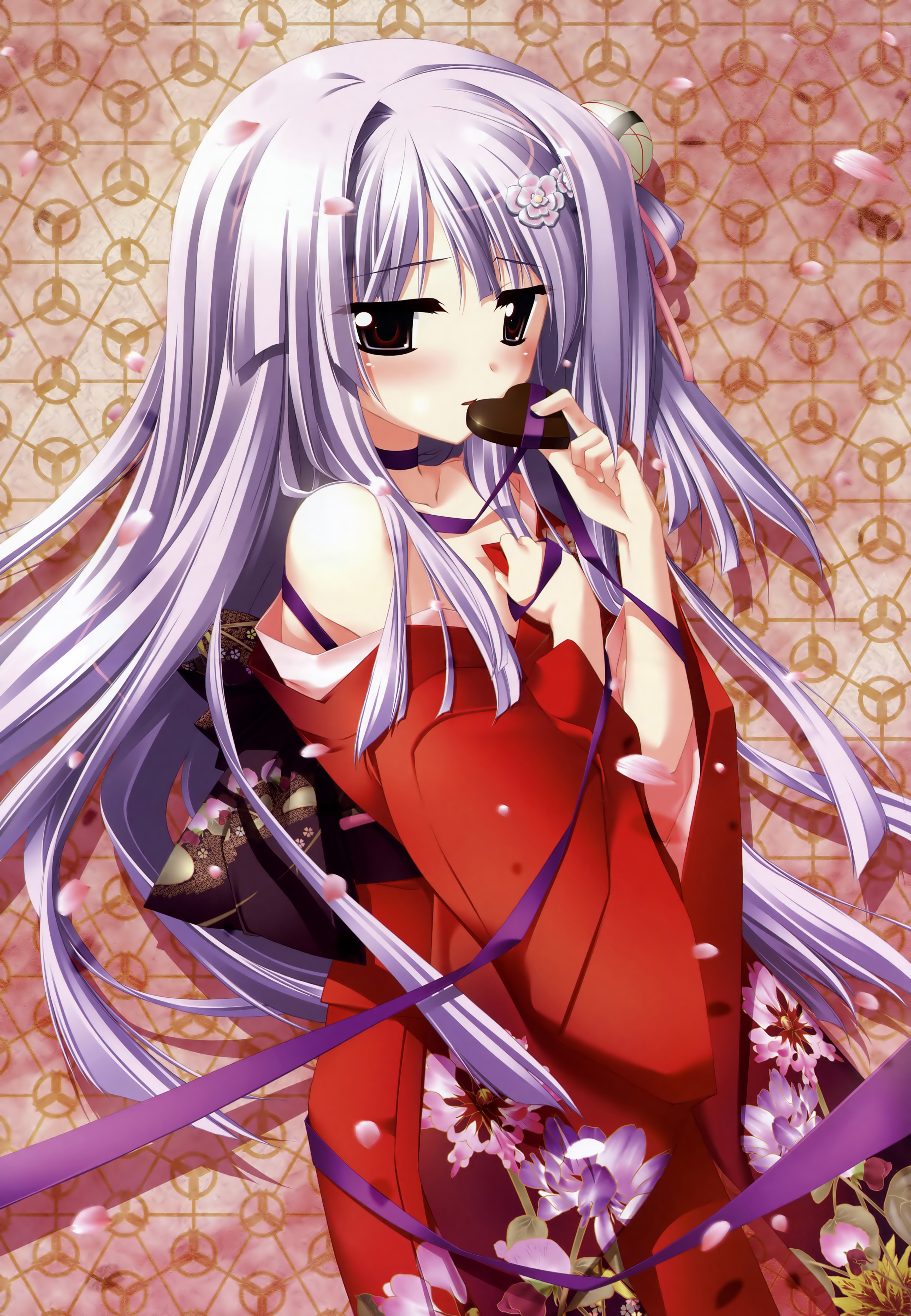 fizz, minazuki haruka, yamino kenji, shiratama kanaka, asanagi no aquanauts, silver hair, absurdres, highres, non-web source, 1girl, bare shoulders, blush, candy, cherry blossoms, chocolate, chocolate heart, female focus, food, hair ornament, heart, hime cut, japanese clothes, kimono, long hair, purple hair, red eyes, red kimono, ribbon, solo, valentine, yukata