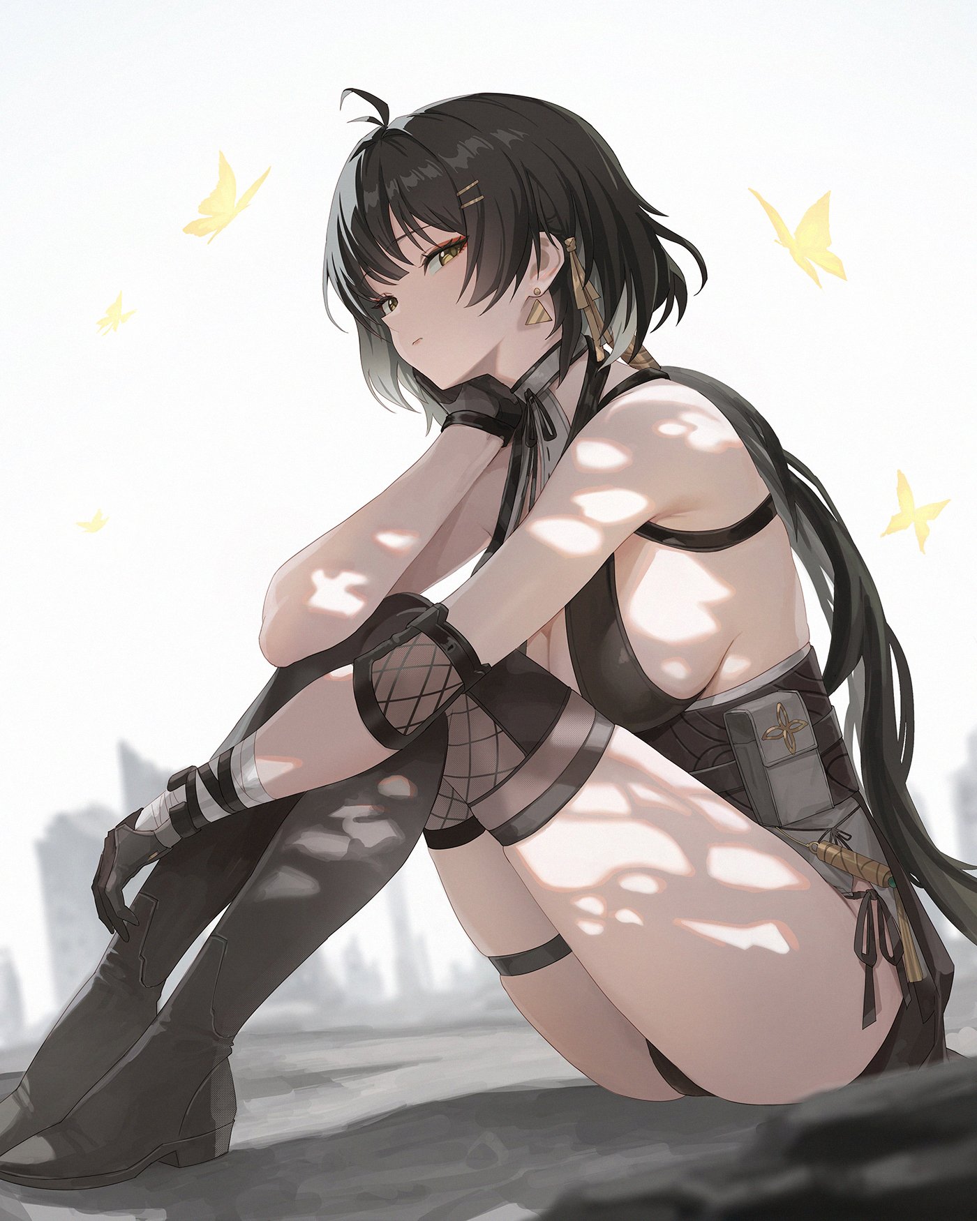 ddcc0123, female rover (wuthering waves), rover (wuthering waves), wuthering waves, commentary, hashtag-only commentary, highres, 1girl, antenna hair, bare shoulders, black boots, black hair, black thighhighs, boots, breasts, bug, butterfly, closed mouth, earrings, elbow pads, from side, hair ornament, hair ribbon, hairclip, hand up, insect, jewelry, knees up, large breasts, legs together, looking at viewer, low ponytail, parallel hairclips, ponytail, ribbon, sideboob, simple background, sitting, solo, thigh boots, thigh strap, thighhighs, thighhighs under boots, thighs, triangle earrings, white background, yellow butterfly, yellow eyes, yellow ribbon
