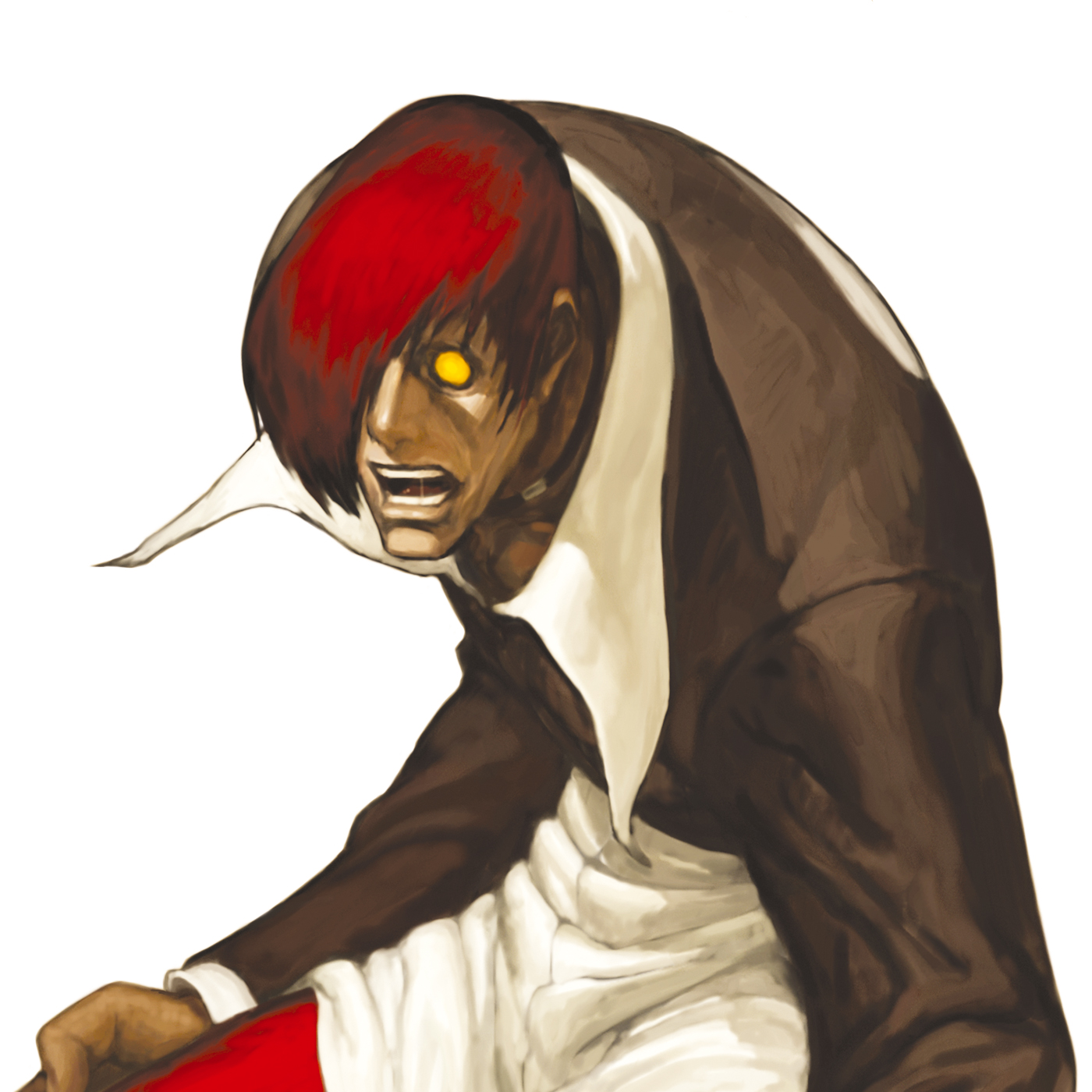 nona, orochi iori, yagami iori, snk, svc chaos, the king of fighters, highres, official art, 1boy, choker, crazy eyes, dark-skinned male, dark persona, dark skin, empty eyes, hair over one eye, male focus, red hair, solo, yellow eyes