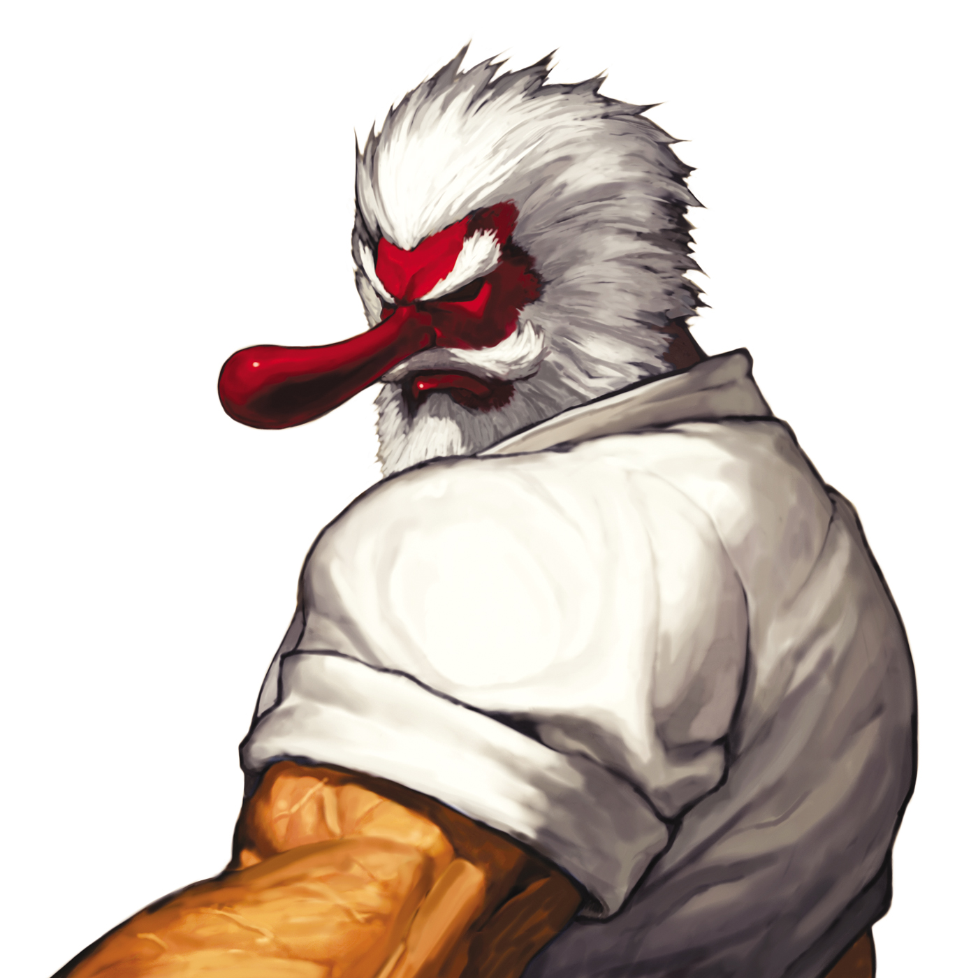 nona, mr. karate, takuma sakazaki, ryuuko no ken, snk, svc chaos, highres, official art, 1boy, beard, dougi, facial hair, male focus, mask, muscular, mustache, solo, tengu, tengu mask, upper body, white hair