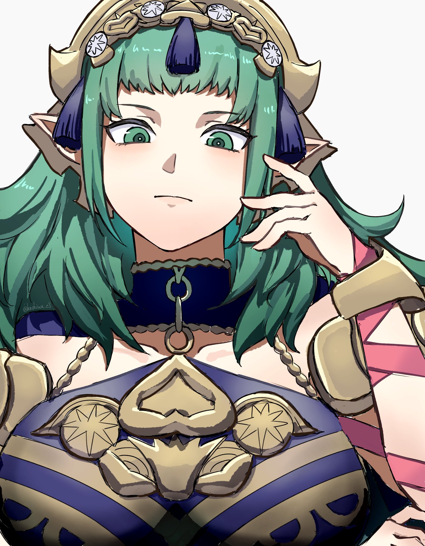 kashiwa e3, sothis (adult) (fire emblem), sothis (fire emblem), fire emblem, fire emblem: fortune's weave, nintendo, highres, 1girl, breasts, closed mouth, dress, green eyes, green hair, grey background, hair ornament, large breasts, long hair, looking at viewer, pointy ears, purple dress, simple background, solo
