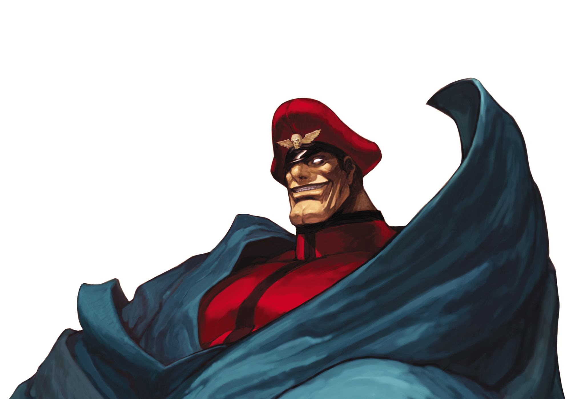 nona, m. bison, capcom, street fighter, svc chaos, highres, official art, 1boy, cape, empty eyes, glowing, glowing eyes, grin, hat, hat over one eye, male focus, one eye covered, smile, solo, white eyes