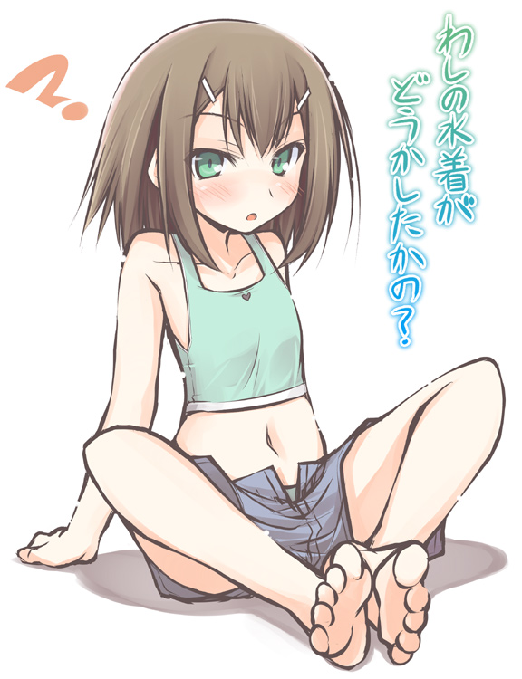 mizoguchi keiji, kinoshita hideyoshi, baka to test to shoukanjuu, translated, 1boy, bare shoulders, barefoot, blush, brown hair, crossdressing, crossdressing (mtf), denim, denim shorts, feet, green eyes, hair ornament, hairclip, male focus, midriff, open mouth, shorts, solo, toes, trap