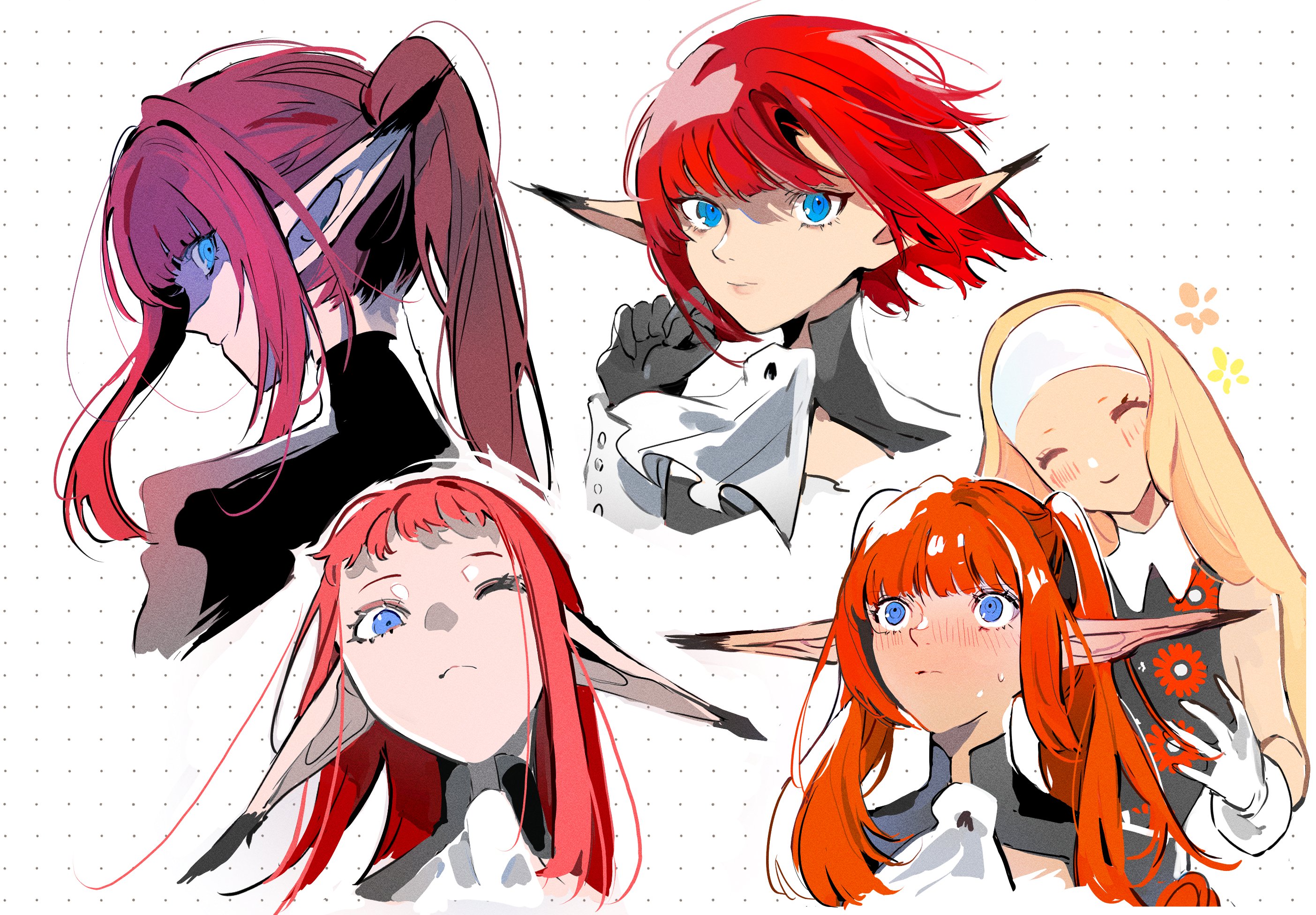 mina (mina st4r), hulkenberg (metaphor: refantazio), junah (metaphor: refantazio), metaphor: refantazio, commentary request, highres, 2girls, alternate hair length, alternate hairstyle, ascot, black gloves, blonde hair, blue eyes, blush, closed eyes, closed mouth, gloves, hairband, long hair, looking at viewer, multiple girls, one eye closed, pointy ears, ponytail, profile, red hair, short hair, simple background, smile, sweat, twintails, white ascot, white background, white gloves, white hairband