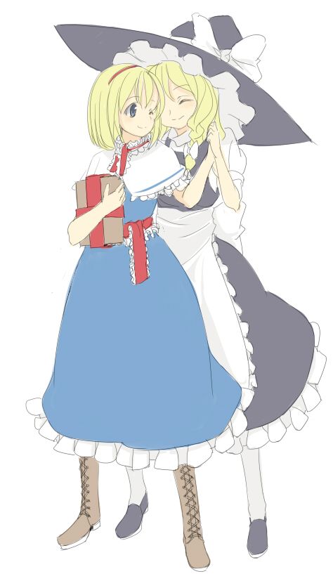 nanami natsuki, nanaumi natsuki, alice margatroid, kirisame marisa, touhou, 2girls, ^ ^, apron, belt, blonde hair, blue eyes, book, capelet, closed eyes, female focus, full body, grimoire, grimoire of alice, grin, hat, legs apart, multiple girls, short hair, smile, standing, waist apron, witch hat