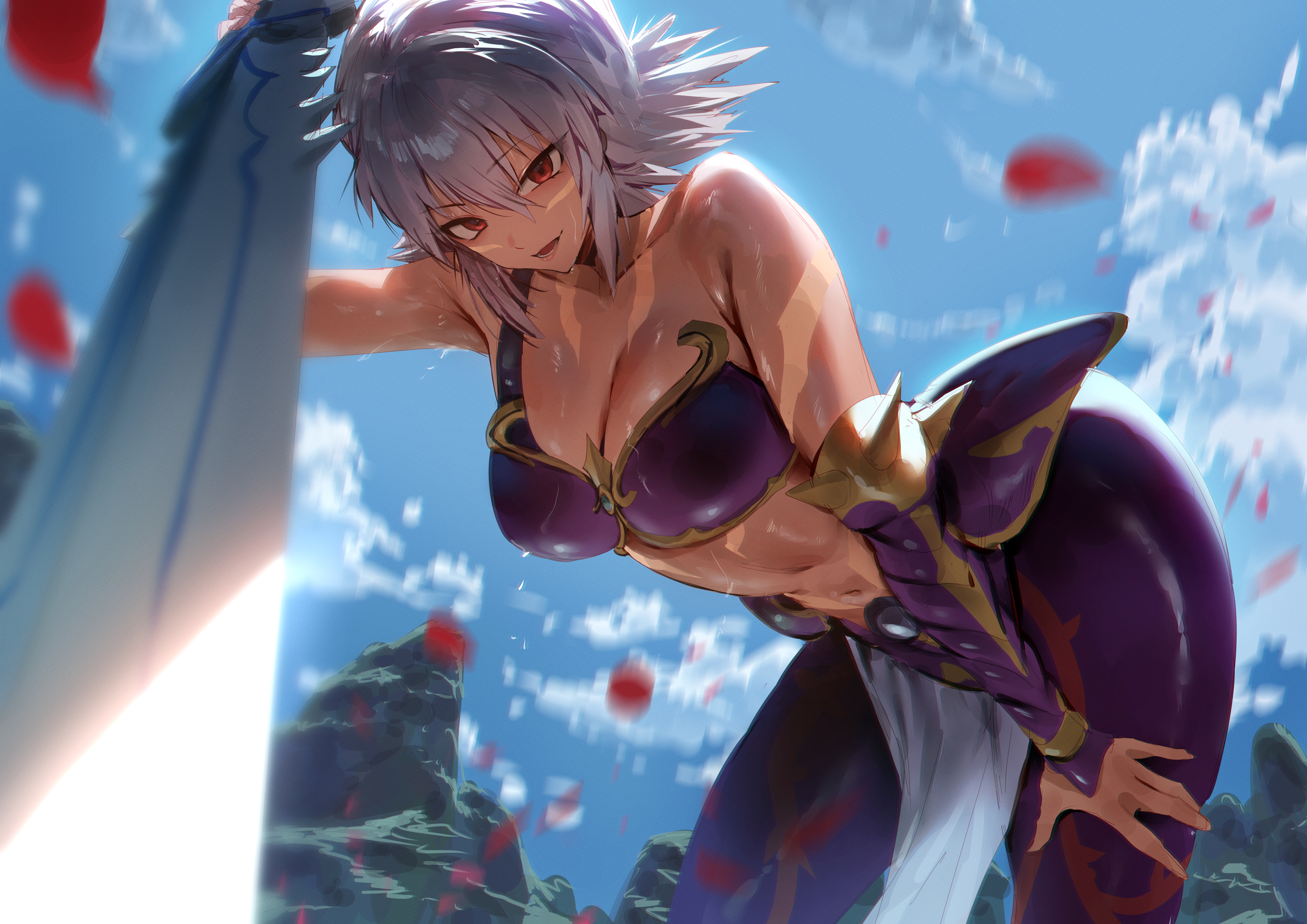 rororo, kunisaki rena, .hack//, absurdres, highres, making-of available, 1girl, bare shoulders, bent over, breasts, cleavage, from below, large breasts, looking at viewer, looking down, open mouth, outdoors, red eyes, short hair, smile, solo, white hair
