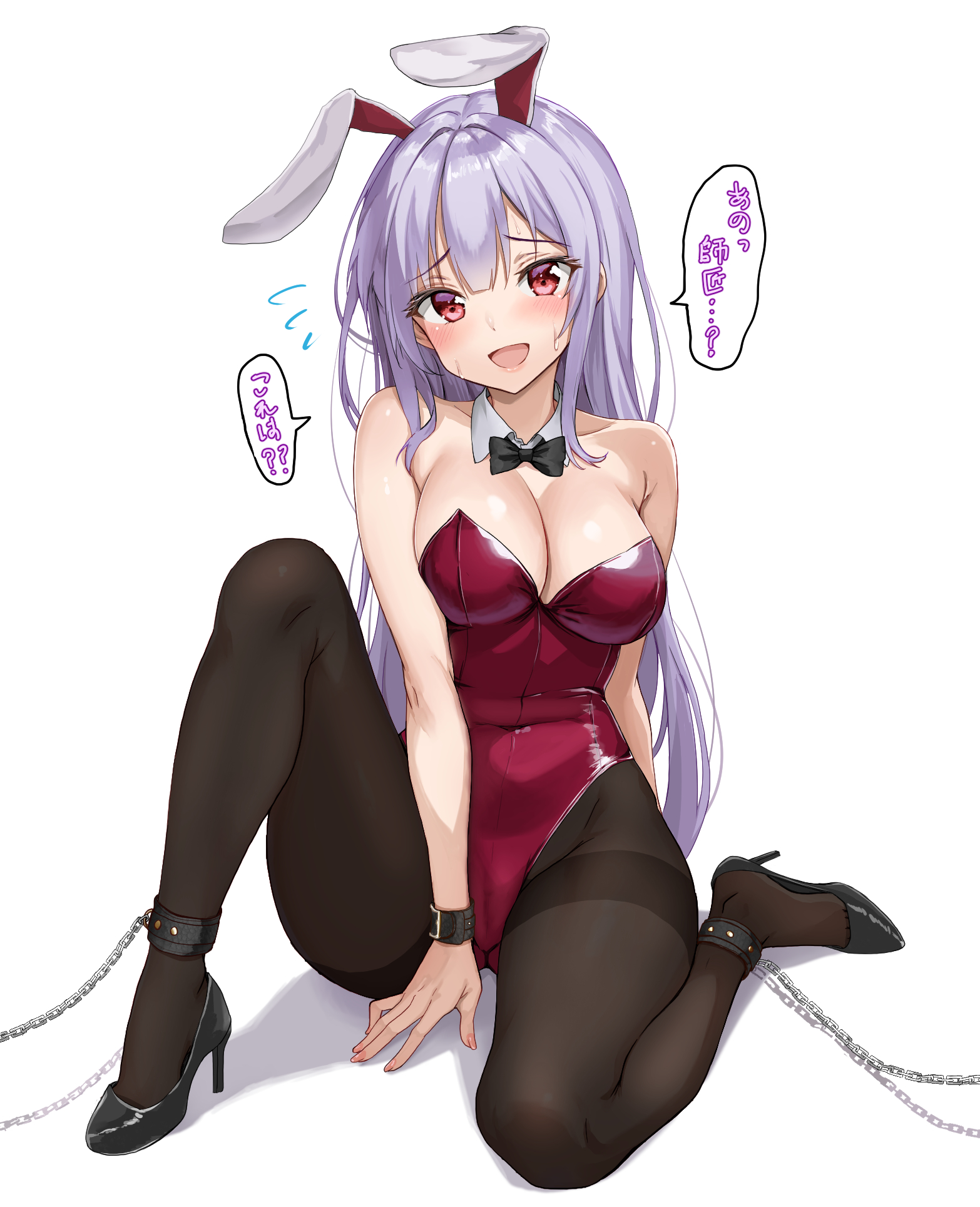 amagi (amagi626), reisen udongein inaba, touhou, commentary request, highres, translation request, 1girl, animal ears, black bow, black bowtie, black pantyhose, bow, bowtie, breasts, chain, cleavage, cuffs, detached collar, flying sweatdrops, leotard, long hair, medium breasts, pantyhose, playboy bunny, purple hair, purple leotard, rabbit ears, rabbit tail, red eyes, shackles, simple background, smile, solo, strapless, strapless leotard, tail, thighband pantyhose, white background, wrist cuffs