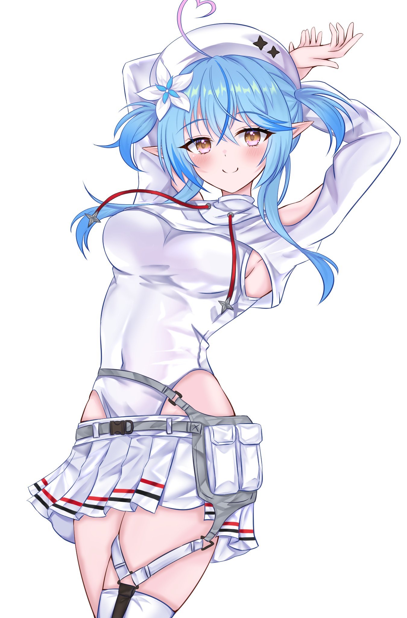 arlonn, todoroki hajime, todoroki hajime (regloss uniform), yukihana lamy, holofive, hololive, hololive dev is, regloss (hololive), highres, ahoge, cargo pants, clothing cutout, colored tips, cosplay, double side ponytail, elf, heart, heart ahoge, leotard, leotard under clothes, multicolored hair, pants, pointy ears, shoulder cutout, streaked hair, todoroki hajime (cosplay), virtual youtuber, white leotard
