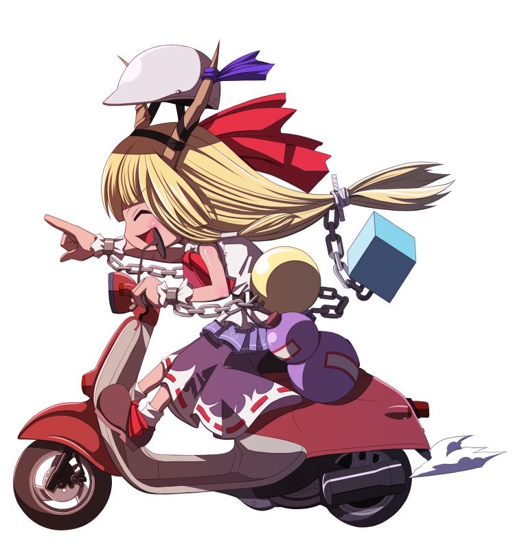 tsukumo (soar99), ibuki suika, touhou, vehicle, 1girl, ^ ^, blonde hair, chain, closed eyes, cuffs, female focus, full body, gourd, helmet, horn ornament, horn ribbon, horns, long hair, motor vehicle, motorcycle, open mouth, pointing, ribbon, scooter, shackles, shoes, sleeveless, smile, socks, solo, white background