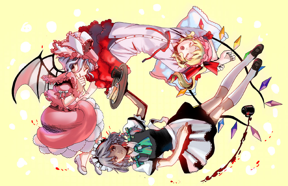 umishima senbon, flandre scarlet, izayoi sakuya, remilia scarlet, touhou, silver hair, bad id, bad pixiv id, 3girls, apron, black dress, bow, bowtie, braid, crystal, demon wings, dress, female focus, green bow, green bowtie, looking at viewer, maid, maid apron, multiple girls, puffy short sleeves, puffy sleeves, red eyes, short hair, short sleeves, twin braids, vampire, waist apron, wings
