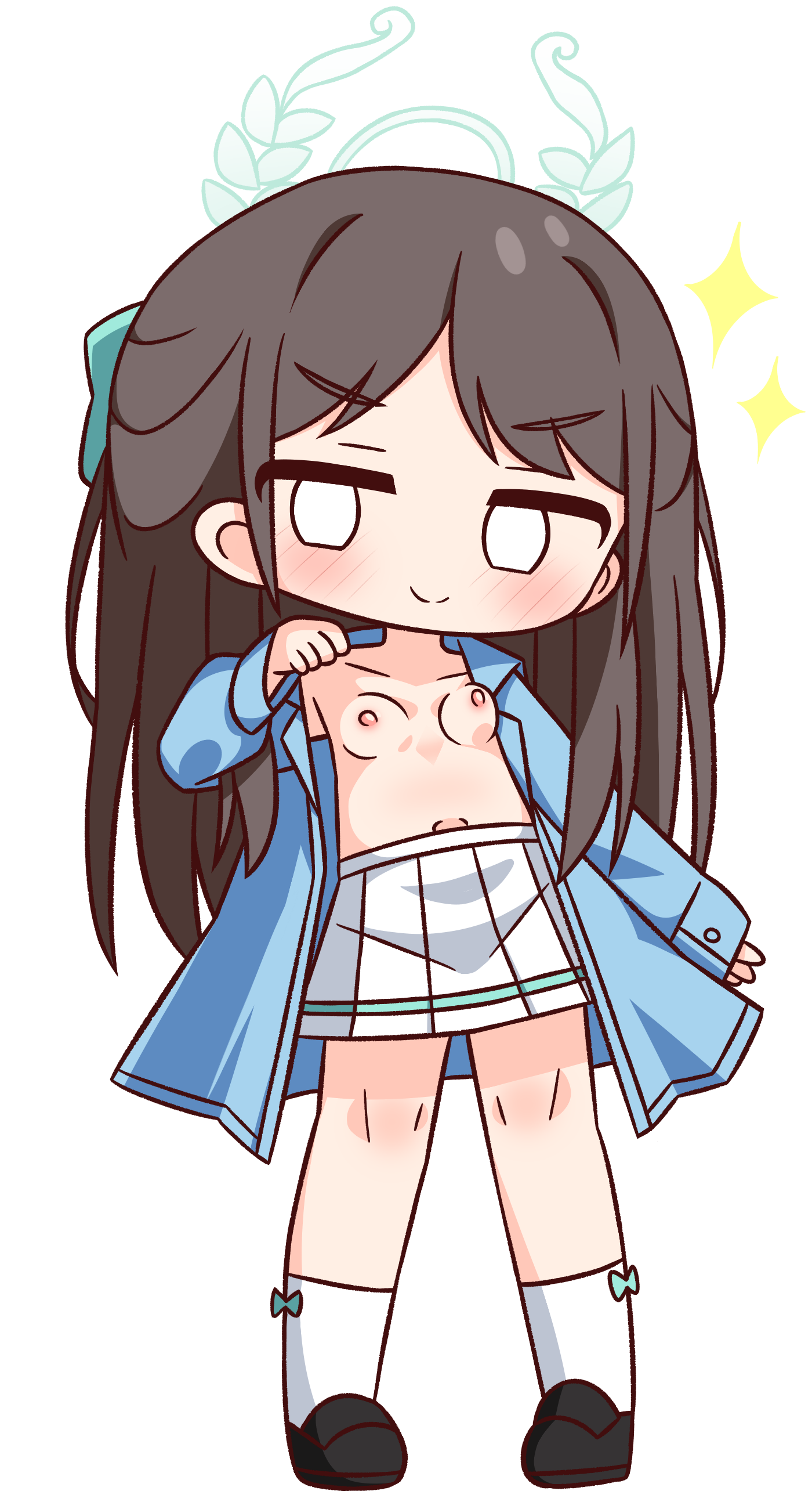 hana kazari, airi (band) (blue archive), airi (blue archive), blue archive, absurdres, commentary request, highres, 1girl, black shoes, blank eyes, blue jacket, blush, breasts, bright pupils, brown hair, closed mouth, collarbone, full body, green eyes, jacket, long hair, looking at viewer, nipples, open clothes, open jacket, pleated skirt, shoes, simple background, skirt, smile, socks, solo, sparkle, standing, white background, white pupils, white skirt, white socks