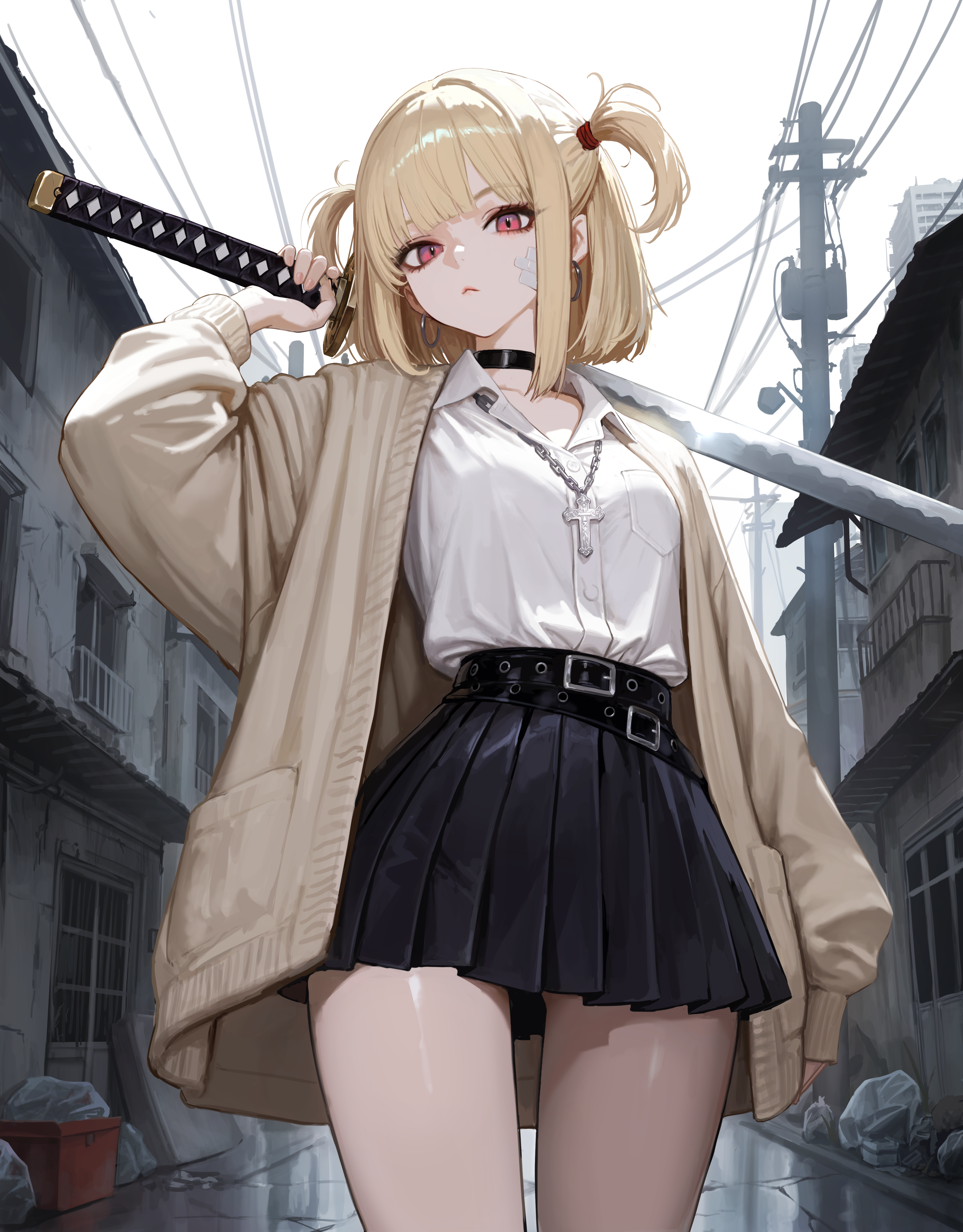 jungon kim, original, absurdres, highres, making-of available, 1girl, belt, belt buckle, black belt, black choker, black skirt, blonde hair, buckle, building, cardigan, choker, cross, cross necklace, earrings, gauze, gauze on cheek, grey cardigan, holding, holding sword, holding weapon, hoop earrings, jewelry, katana, looking at viewer, necklace, outdoors, over shoulder, overcast, pink eyes, pleated skirt, power lines, road, school uniform, shirt, skirt, sky, solo, street, sword, sword over shoulder, two side up, utility pole, weapon, weapon over shoulder, white shirt
