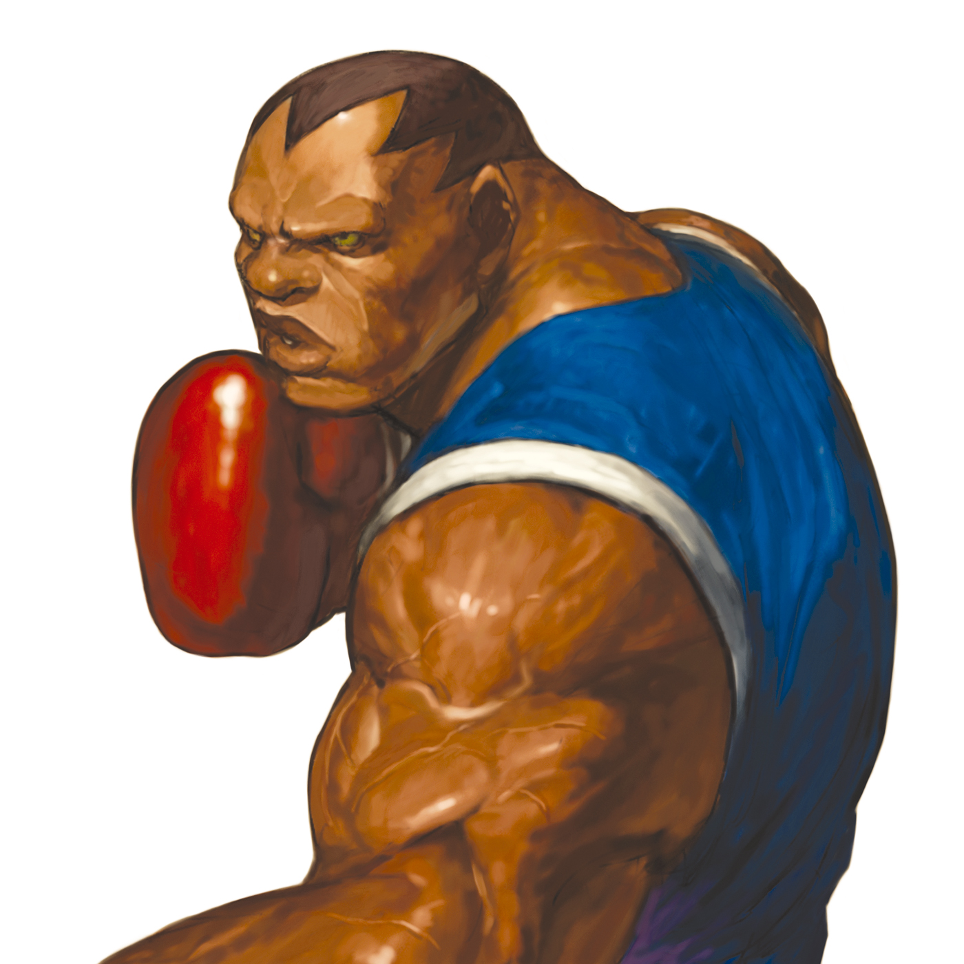 nona, balrog (street fighter), capcom, street fighter, svc chaos, highres, official art, 1boy, boxing gloves, brown hair, dark-skinned male, dark skin, fighting stance, lips, male focus, muscular, muscular male, short hair, solo, vest