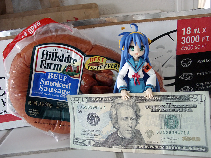 hirano aya, izumi konata, suzumiya haruhi, figma, lucky star, suzumiya haruhi no yuuutsu, photo (medium), banknote, cosplay, dollar bill, figure, food, mondegreen, money, sausage, suzumiya haruhi (cosplay), voice actor connection