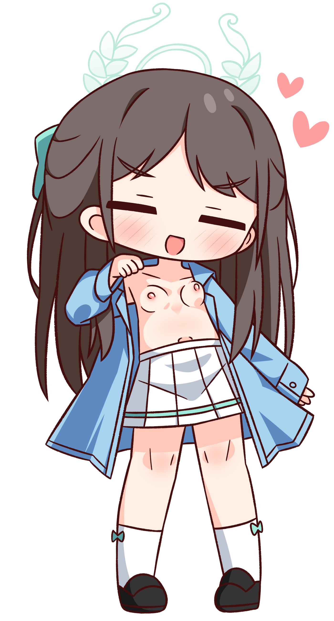 hana kazari, airi (band) (blue archive), airi (blue archive), blue archive, absurdres, commentary request, highres, 1girl, :d, black shoes, blue jacket, blush, breasts, brown hair, collarbone, facing viewer, full body, heart, jacket, long hair, nipples, open clothes, open jacket, open mouth, pleated skirt, shoes, simple background, skirt, smile, socks, solo, standing, white background, white skirt, white socks