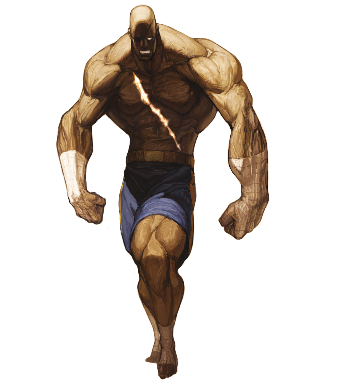 nona, sagat, capcom, street fighter, svc chaos, highres, official art, 1boy, bald, bandages, eyepatch, glowing, glowing eye, male focus, muscular, scar, shorts, solo, topless male