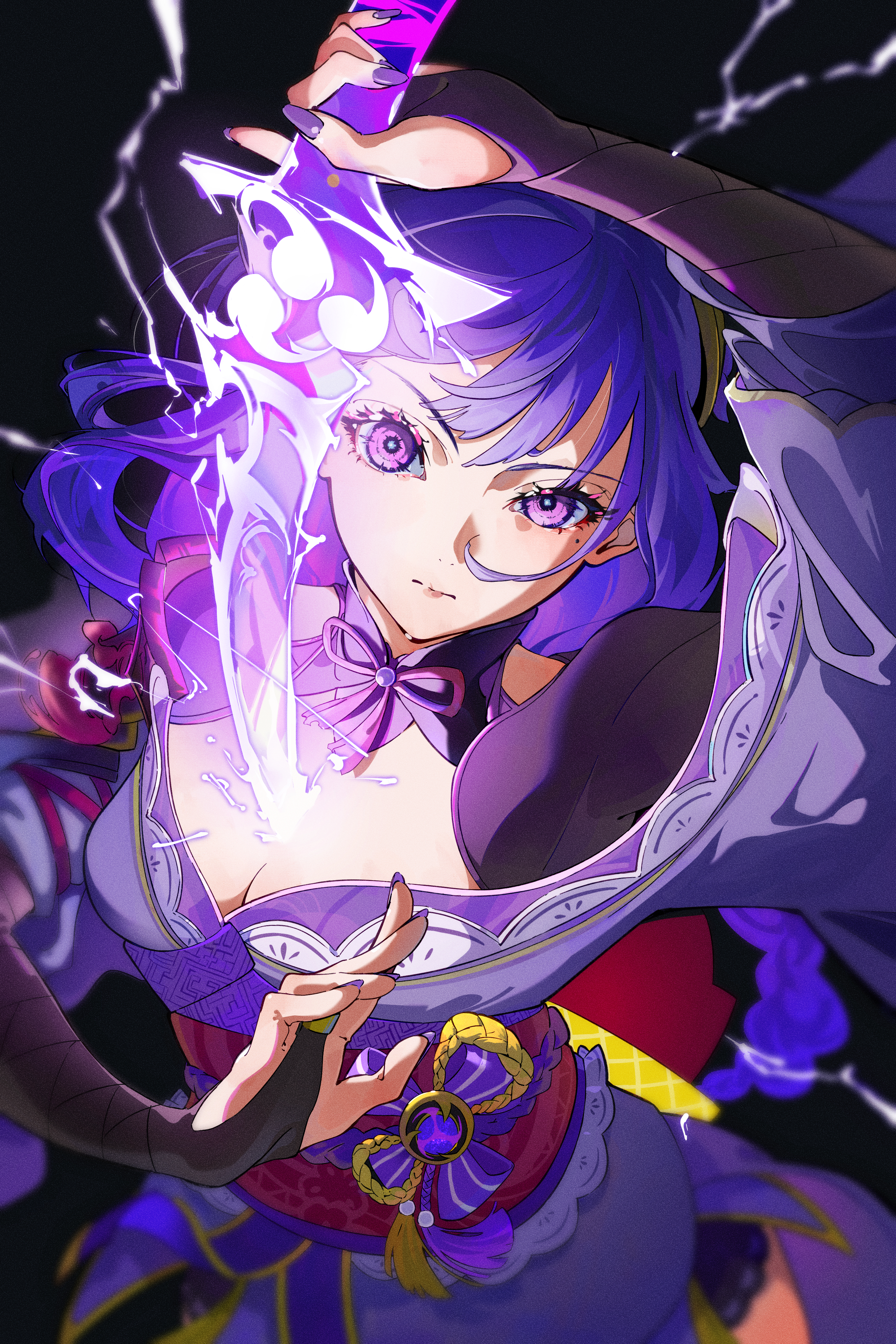 gin s, raiden shogun, genshin impact, absurdres, highres, 1girl, black background, braid, breasts, bridal gauntlets, cleavage, human scabbard, japanese clothes, kimono, lightning, long hair, looking at viewer, low-braided long hair, low-tied long hair, medium breasts, mole, mole under eye, musou isshin (genshin impact), purple hair, purple kimono, purple nails, solo, vignetting
