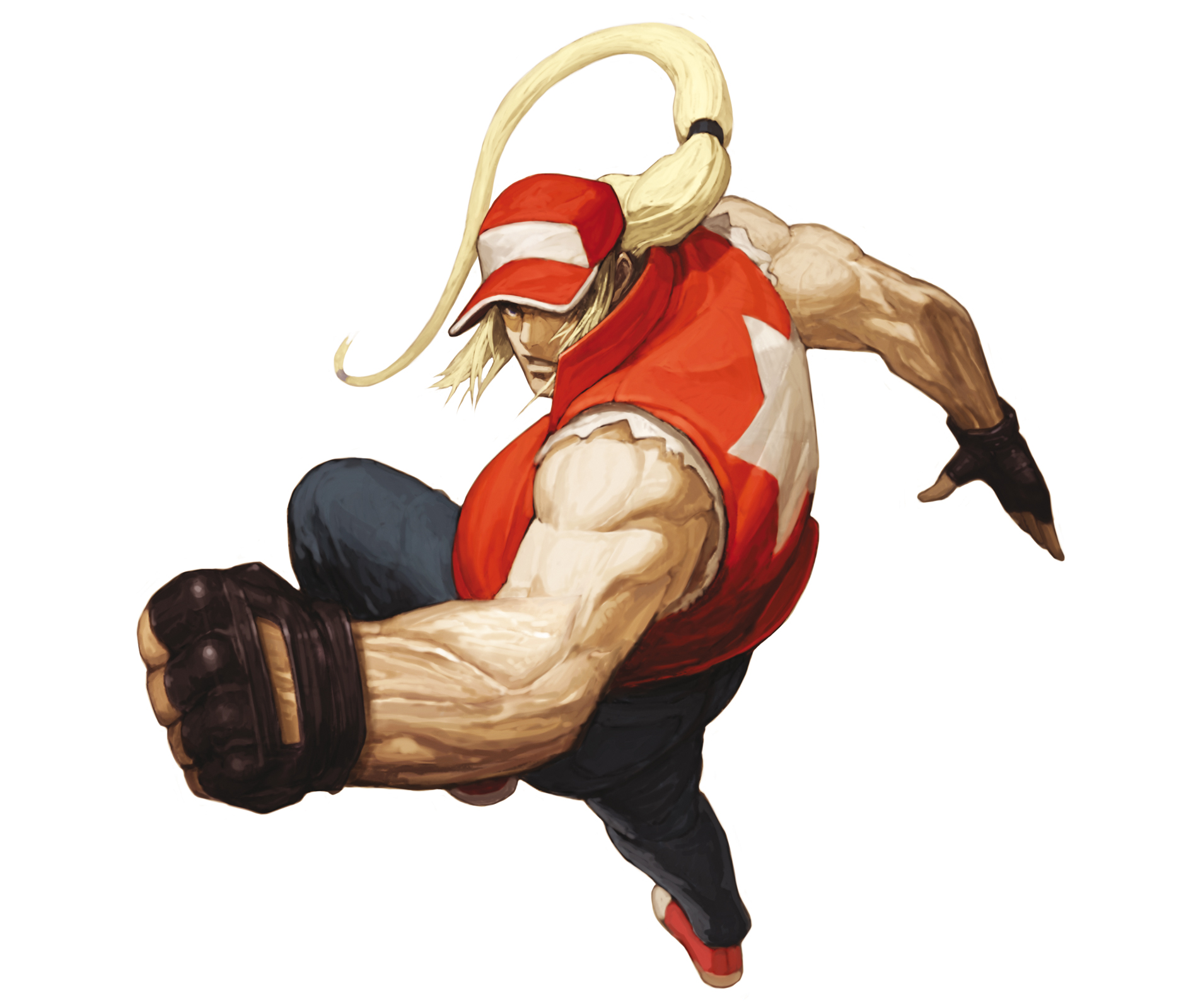 nona, terry bogard, fatal fury, snk, svc chaos, the king of fighters, highres, official art, 1boy, blonde hair, fingerless gloves, gloves, hat, hat over one eye, male focus, muscular, one eye covered, ponytail, sleeveless, solo, vest