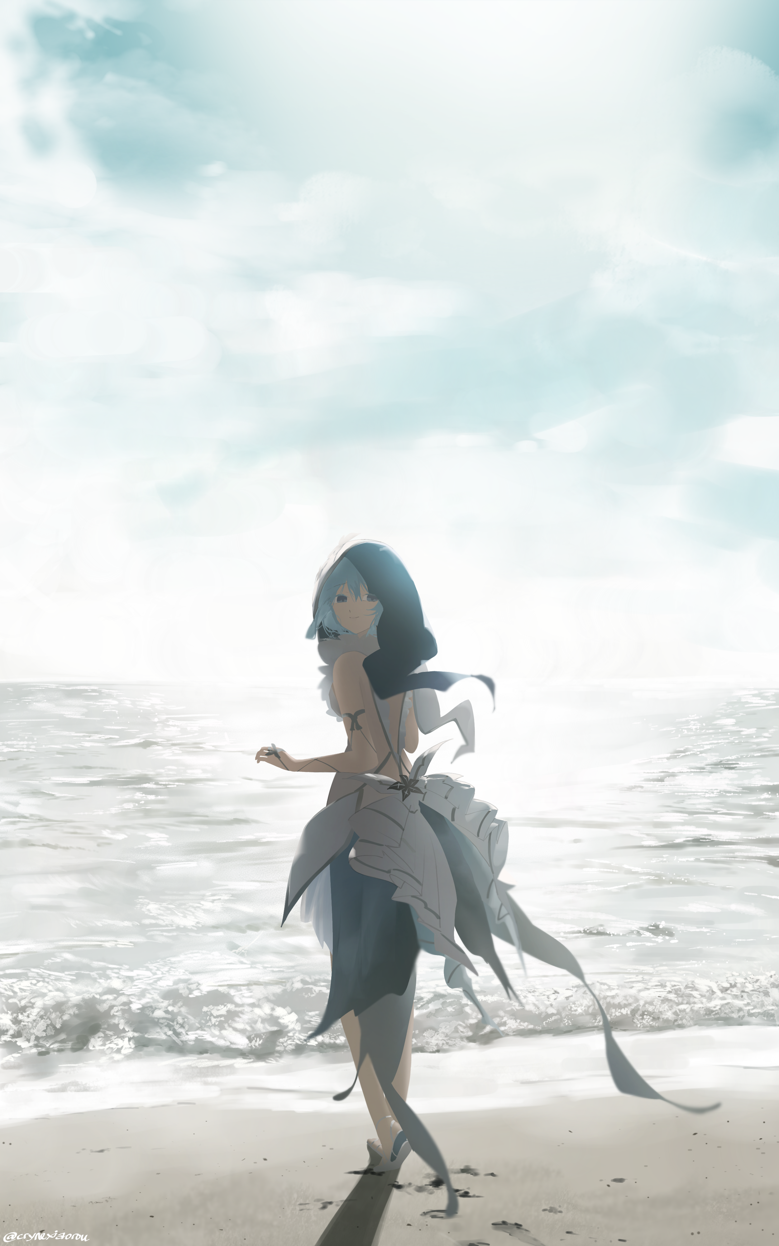 cryne, shorekeeper (wuthering waves), wuthering waves, absurdres, commentary, highres, 1girl, armlet, bare shoulders, black flower, blake bloom (wuthering waves), blue hair, blue veil, breasts, closed mouth, dress, flower, from behind, full body, heel-less heels, jewelry, long hair, looking at viewer, looking back, medium breasts, ocean, outdoors, purple eyes, sandals, shore, sleeveless, sleeveless dress, smile, solo, twitter username, veil, white dress, white sandals
