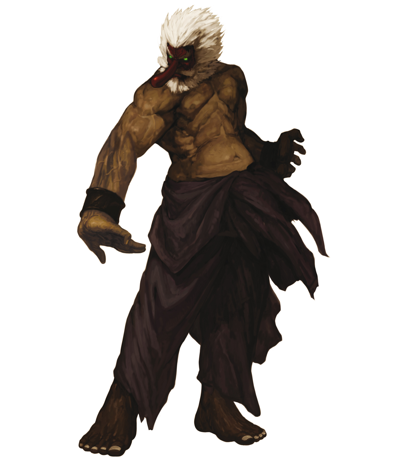 nona, mr. karate, takuma sakazaki, ryuuko no ken, snk, svc chaos, highres, official art, 1boy, barefoot, dark-skinned male, dark skin, feet, fighting stance, glowing, glowing eyes, green eyes, male focus, mask, solo, tengu, tengu mask, white hair