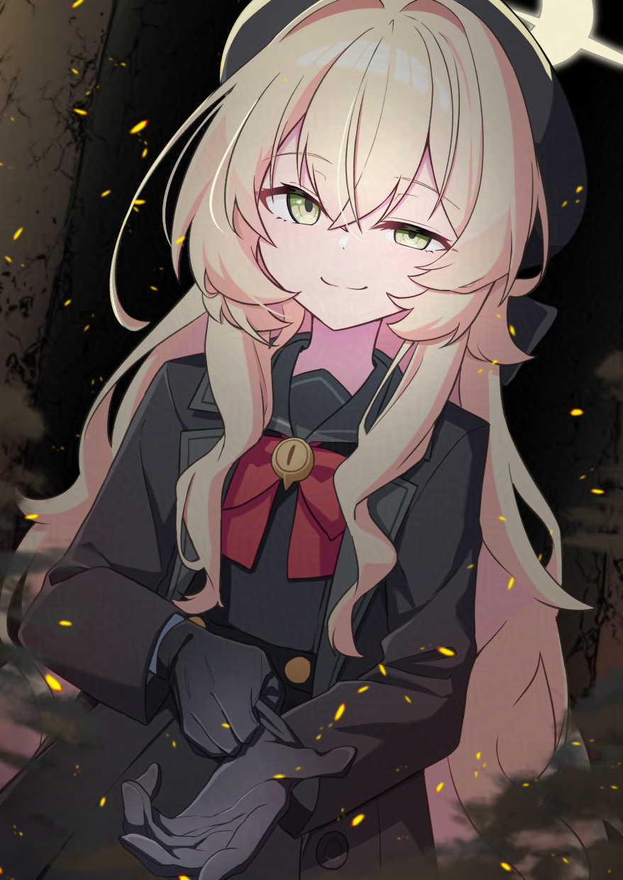 nenosame, professor niyaniya (blue archive), blue archive, commentary request, highres, 1girl, beret, black coat, black dress, black gloves, black hat, black sailor collar, blonde hair, bow, bowtie, breasts, coat, dress, gloves, green eyes, halo, hat, long hair, long sleeves, looking at viewer, sailor collar, small breasts, smile, solo