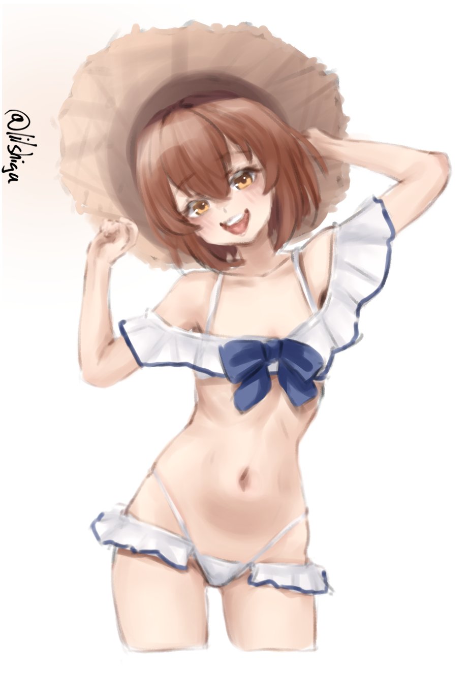 lilshigu, yukikaze (kancolle), yukikaze (summer) (kancolle), kantai collection, highres, 1girl, adapted costume, bikini, blue bow, blue bowtie, bow, bowtie, brown eyes, brown hair, frilled bikini, frills, hat, one-hour drawing challenge, open mouth, round teeth, short hair, simple background, smile, solo, straw hat, sun hat, swimsuit, teeth, twitter username, upper teeth only, white background, white bikini