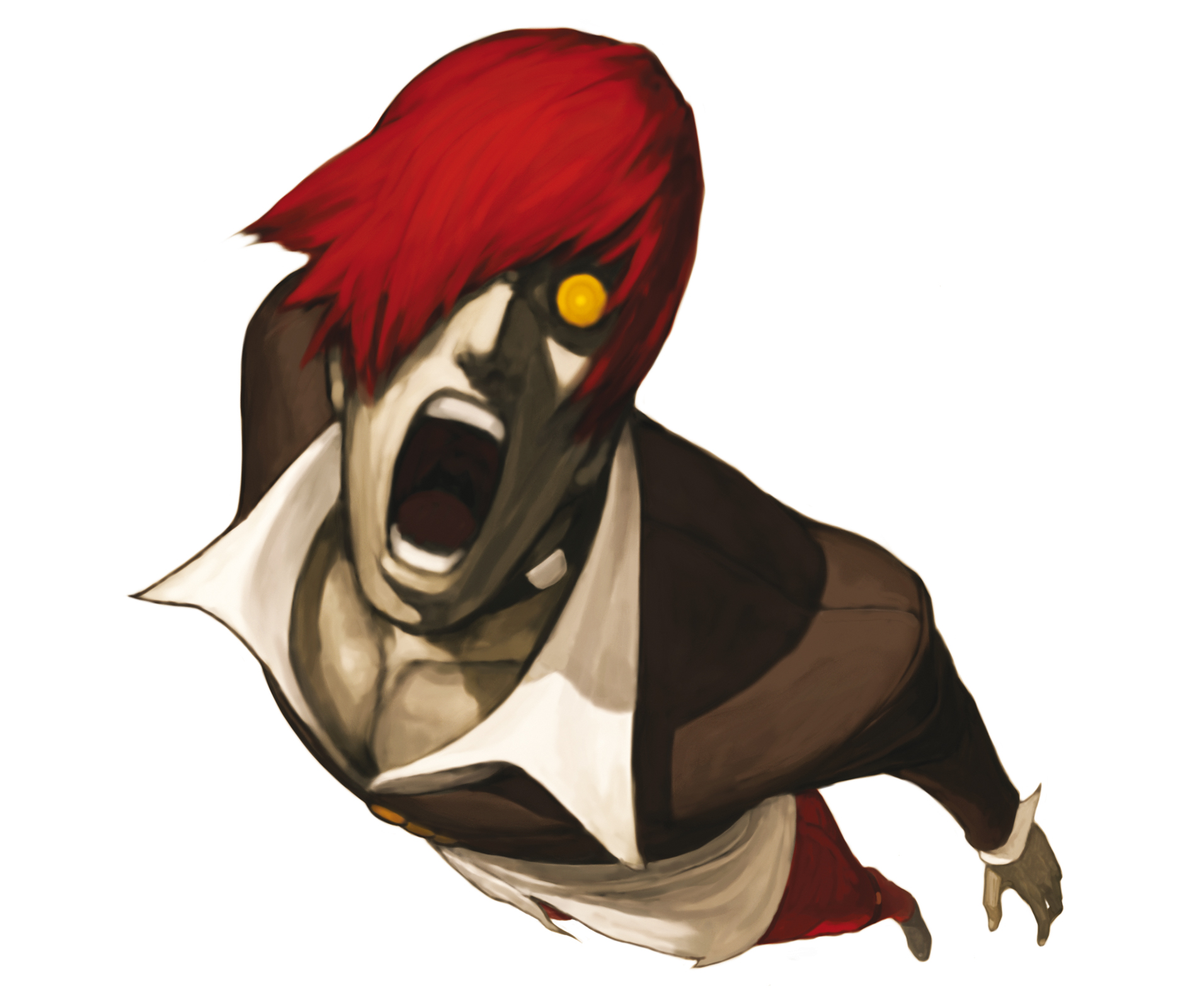 nona, orochi iori, yagami iori, snk, svc chaos, the king of fighters, highres, official art, 1boy, crazy eyes, dark persona, hair over one eye, male focus, open mouth, pants, pectoral cleavage, pectorals, red hair, red pants, scary eyes, solo, yellow eyes