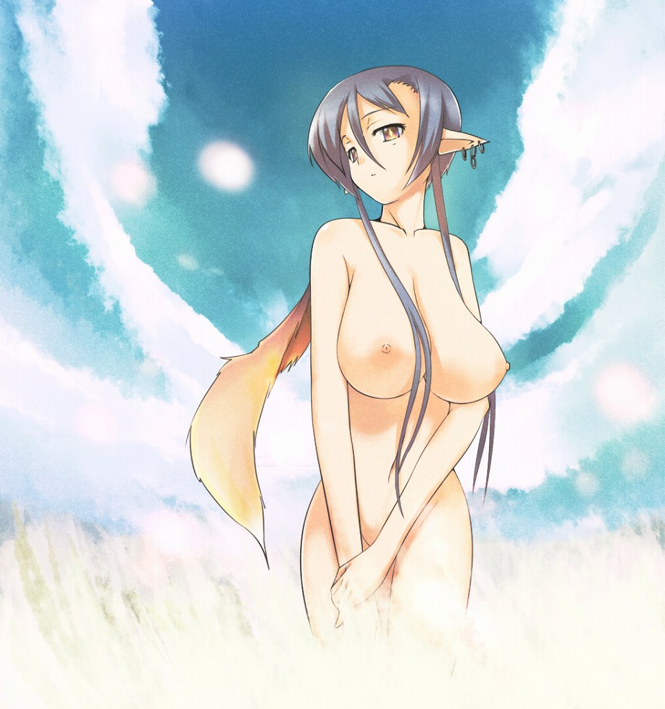pen (pen3), silver hair, 1girl, breasts, cloud, covering privates, day, earrings, elf, female focus, huge breasts, jewelry, large breasts, long hair, nipples, nude, nude cover, pointy ears, sky, solo, steam, wings