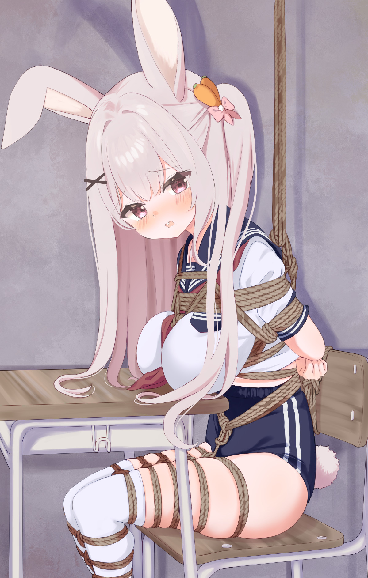 hamuta (machosbrown), original, highres, 1girl, animal ears, arms behind back, bdsm, between breasts, between legs, blue buruma, blush, bondage, bound, bound arms, bound breasts, bound legs, bound torso, breasts, buck teeth, buruma, carrot hair ornament, chair, clenched hand, crotch rope, desk, embarrassed, female focus, food-themed hair ornament, gym uniform, hair ornament, huge breasts, indoors, large breasts, legs, legs together, long hair, looking ahead, looking to the side, midriff, neckerchief, necktie, open mouth, pink eyes, pink hair, ponytail, rabbit ears, rabbit girl, rabbit tail, red neckerchief, red necktie, rope, sailor collar, sailor shirt, school chair, school desk, shibari, shibari over clothes, shirt, short sleeves, side ponytail, sidelocks, sitting, skin tight, skindentation, solo, teeth, thighhighs, thighs, tongue, white shirt, white thighhighs, worried, x hair ornament