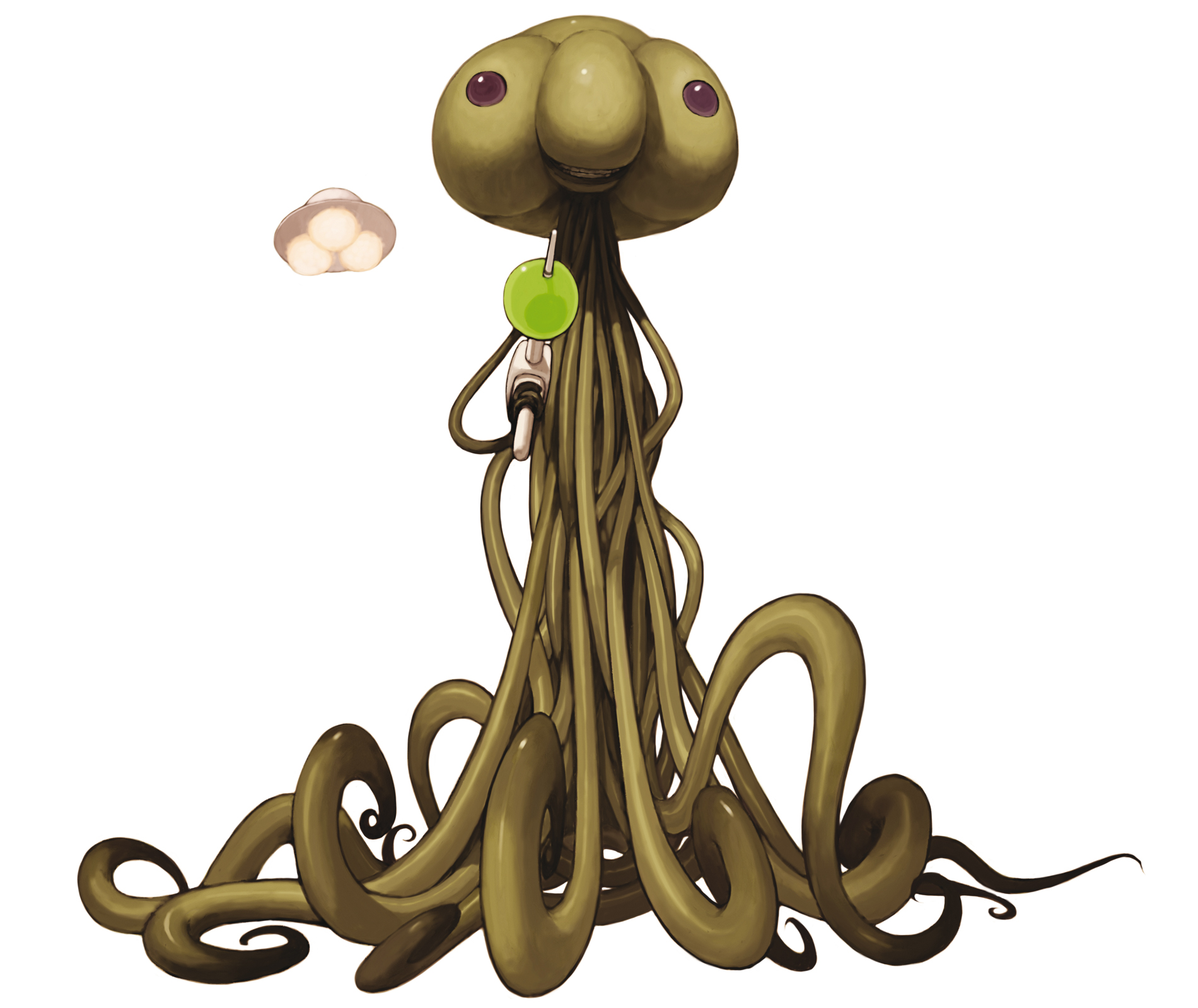 nona, mars people, metal slug, snk, svc chaos, highres, official art, alien, colored skin, energy gun, green skin, gun, no humans, nude, ray gun, red eyes, solo, tentacles, ufo, weapon