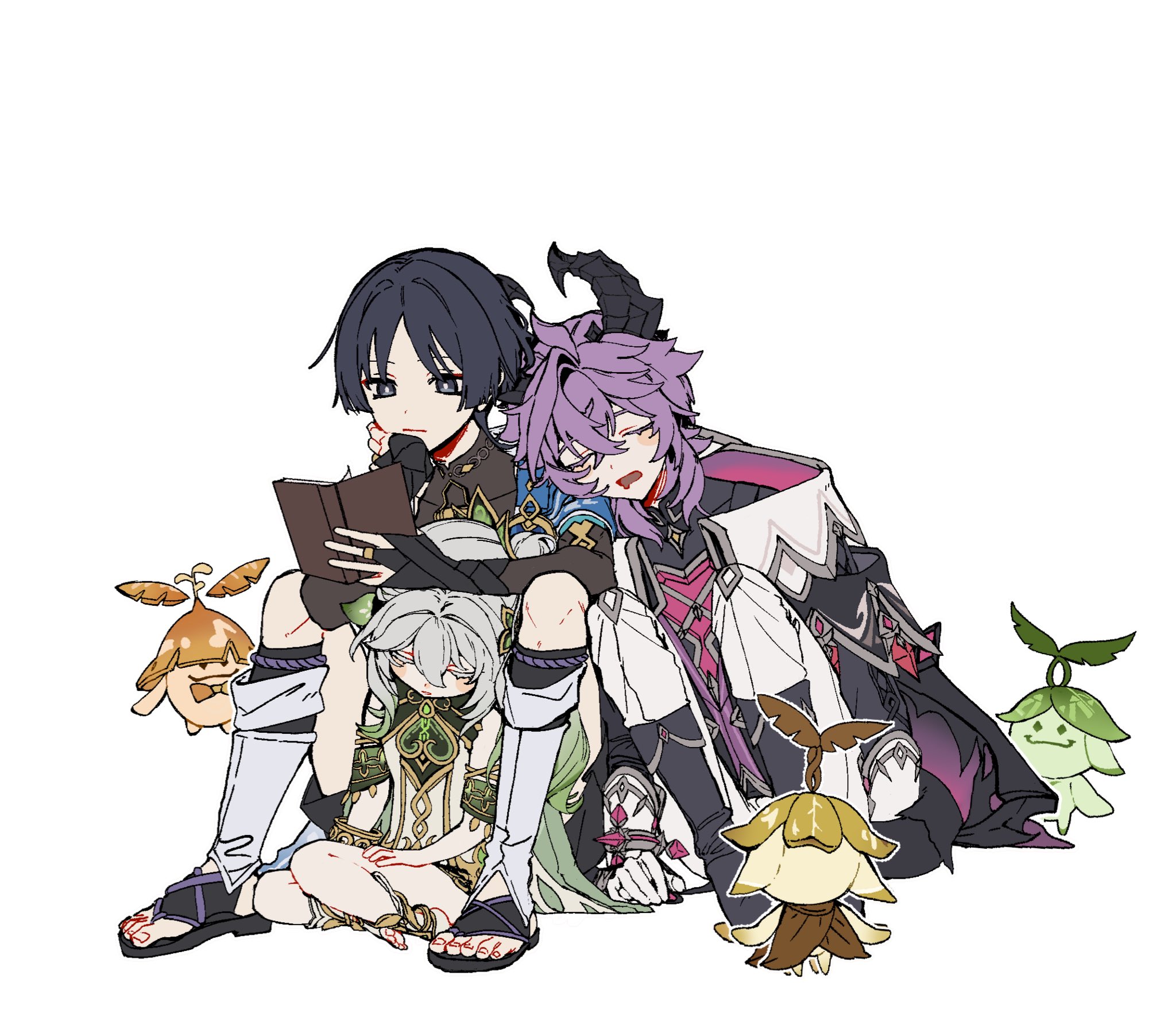 aranara (genshin impact), mini durin (genshin impact), mini durin (human) (genshin impact), nahida (genshin impact), scaramouche (genshin impact), wanderer (genshin impact), genshin impact, toeless socks, highres, 1girl, 2boys, anklet, arm at side, armlet, armor, black bodysuit, black boots, black bridal gauntlets, black coat, black collar, black eyes, black hair, black horns, black sandals, black shorts, black sleeves, blue cape, blue sleeves, blunt ends, blush stickers, bodysuit, book, boots, bracelet, bridal gauntlets, bridal legwear, bright pupils, cape, chest jewel, coat, collar, colored eyelashes, colored tips, covered collarbone, crossed bangs, detached sleeves, dragon boy, dragon horns, dress, drooling, eyeliner, eyeshadow, facing down, facing viewer, gem, gloves, gold, gold ring, gold trim, green gemstone, green hair, green sleeves, hair between eyes, hair intakes, hair ornament, hakama, hakama shorts, hand on own chin, hand on own thigh, head down, head on another's shoulder, heart-shaped gem, holding, holding book, horns, japanese armor, japanese clothes, jewelry, knees up, kote, kurokote, layered sleeves, leaf, leaf hair ornament, leaning on person, leg warmers, long hair, long sleeves, looking at object, makeup, mandarin collar, middle ring, mouth drool, multicolored hair, multiple boys, naanaa0 0, open book, open mouth, pants, parted bangs, parted lips, person between thighs, pink gemstone, pleated shorts, purple hair, purple vest, reading, red eyeliner, red eyeshadow, sandals, shorts, shoulder peek, side ponytail, sidelocks, sitting, sitting between lap, sleeping, sleeping on person, socks, spiked horns, stirrup legwear, toeless legwear, toenails, toes, tsurime, unconscious, vest, white background, white collar, white dress, white eyelashes, white gloves, white hair, white leg warmers, white pants, white pupils, white sleeve cuffs, white socks, white trim, wispy bangs, yokozuwari, zouri