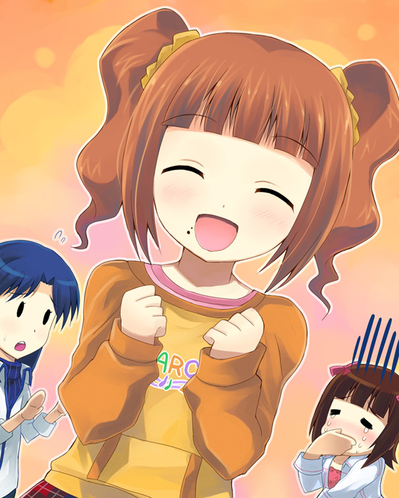 otoutogimi, amami haruka, kisaragi chihaya, takatsuki yayoi, idolmaster, idolmaster (classic), idolmaster 1, bad id, bad pixiv id, 00s, blush, brown hair, child, closed eyes, plaid clothes, plaid skirt, raglan sleeves, short hair, short twintails, skirt, sweater, tears, twintails