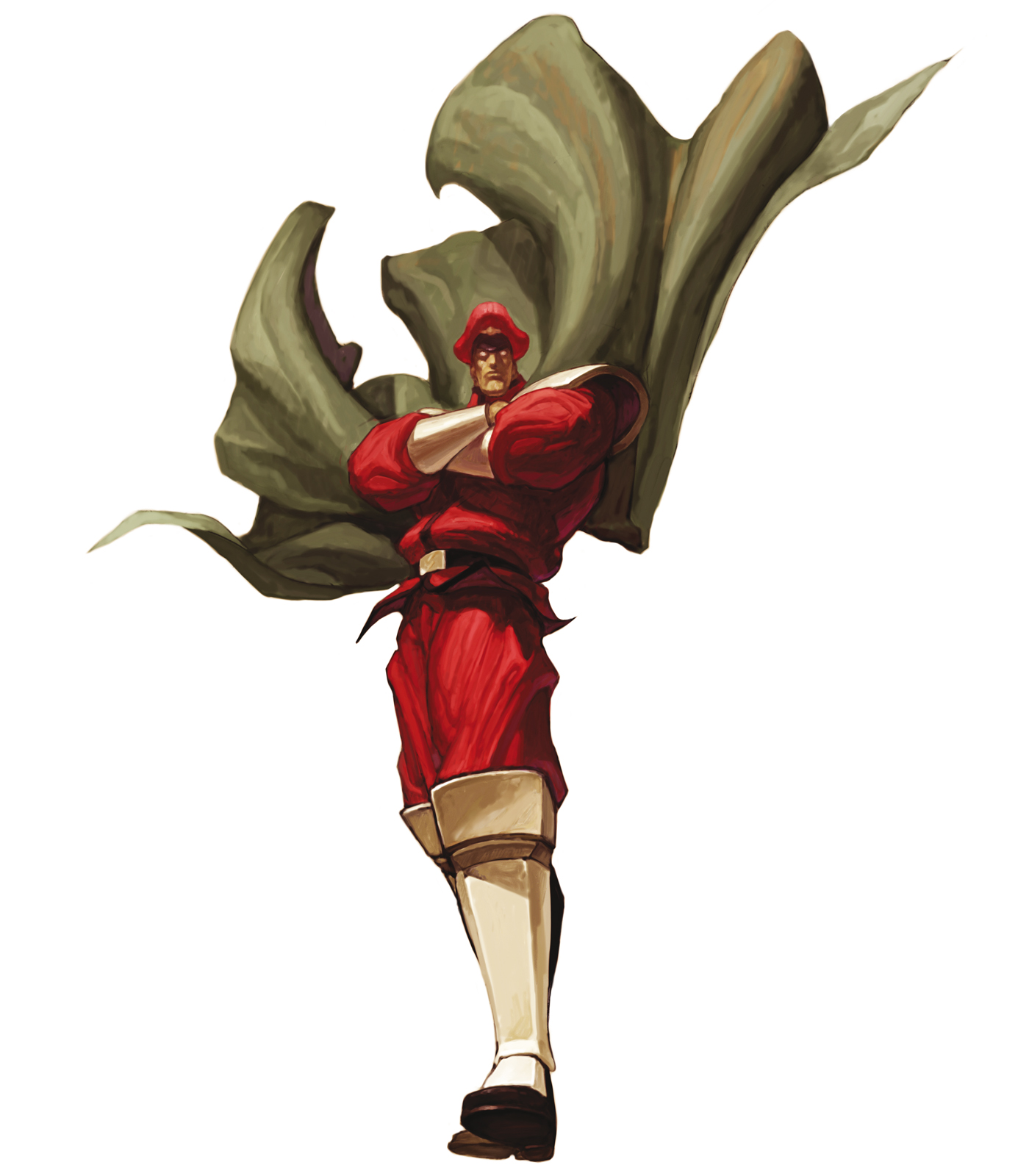 nona, m. bison, capcom, street fighter, svc chaos, highres, official art, 1boy, armor, cape, crossed arms, glowing, glowing eyes, greaves, hat, male focus, red eyes, solo, vambraces