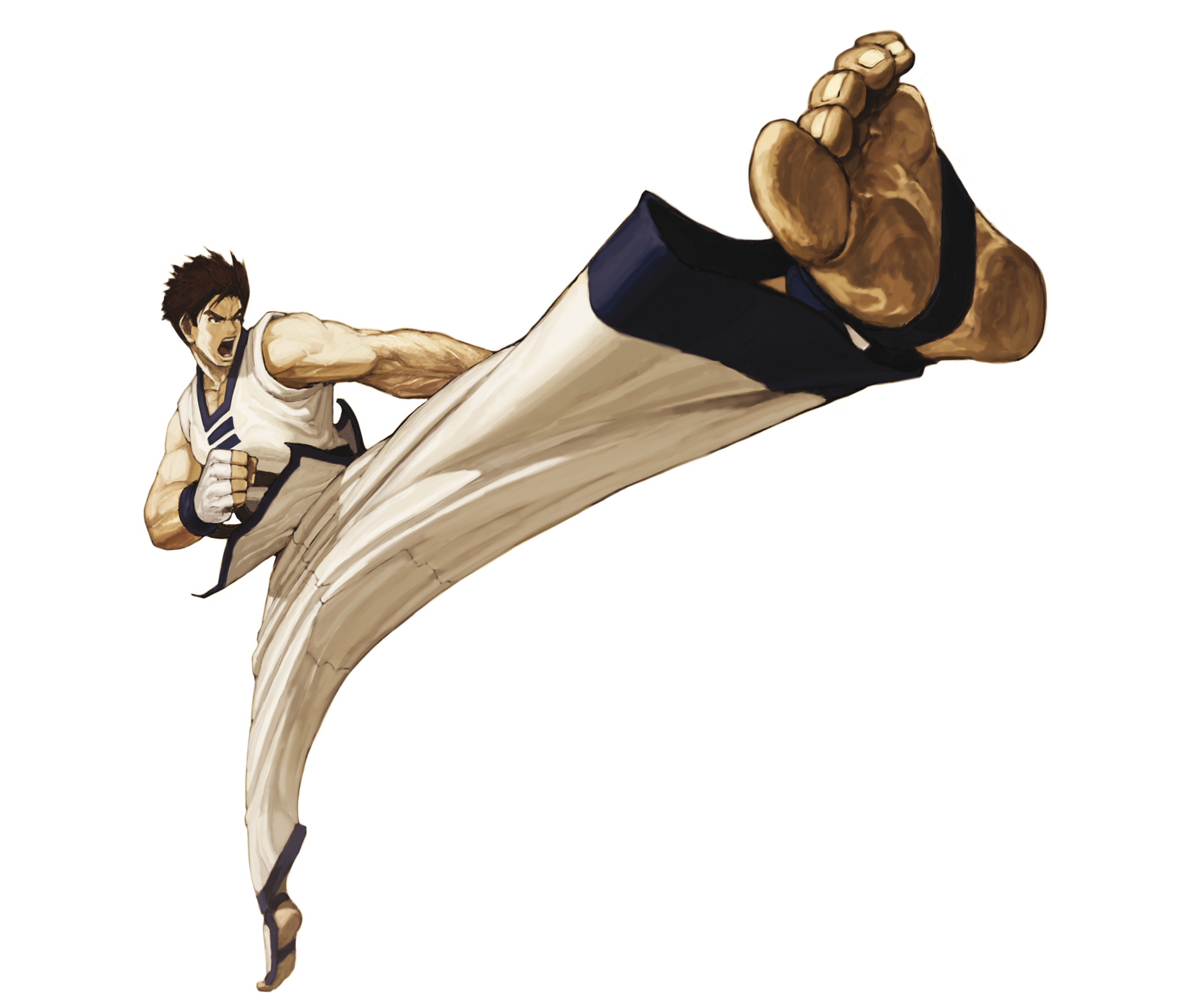 nona, kim kaphwan, fatal fury, snk, svc chaos, the king of fighters, highres, official art, 1boy, barefoot, black hair, dirty, dirty feet, dougi, feet, fingerless gloves, foreshortening, gloves, kicking, male focus, muscular, perspective, short hair, solo, toeless legwear