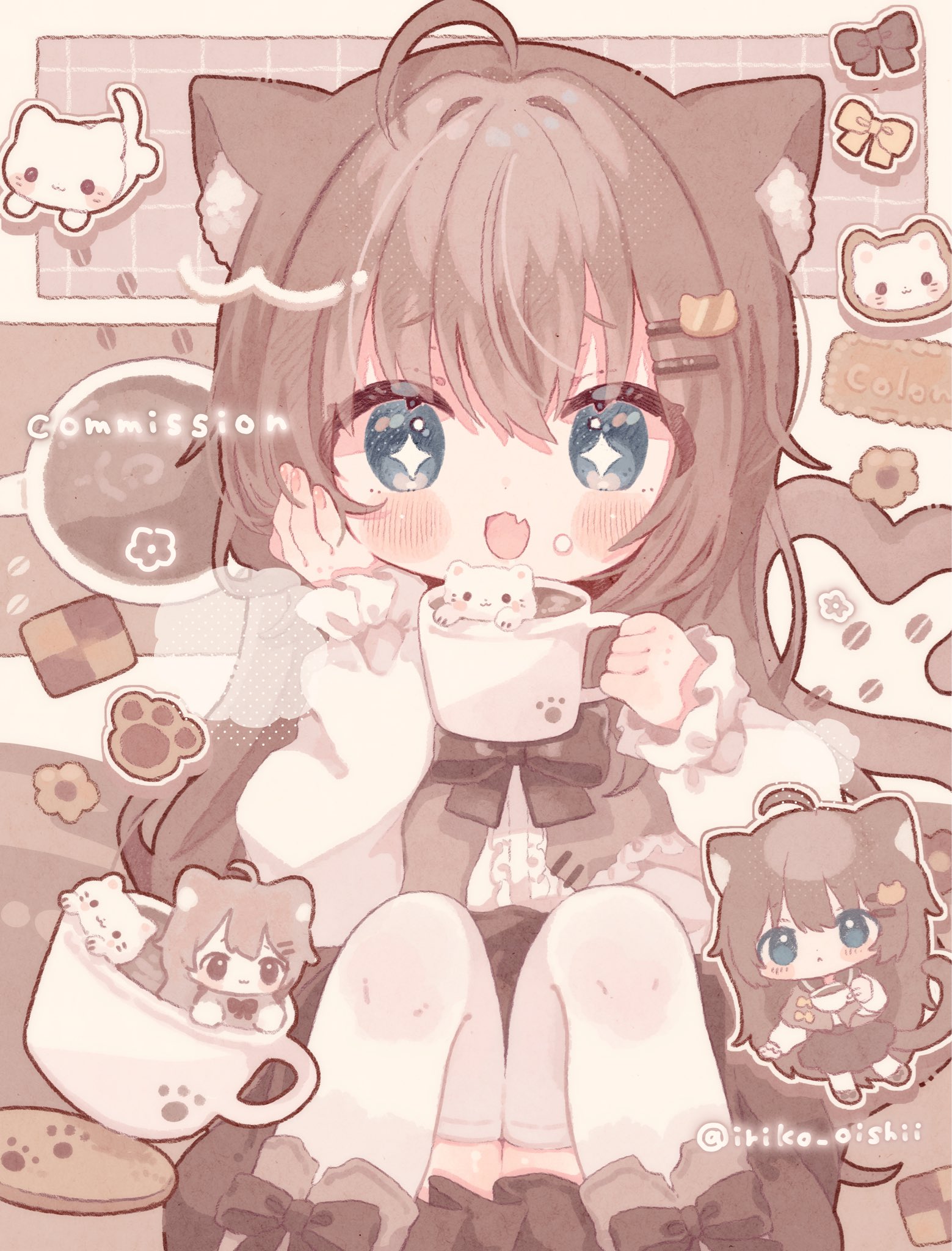 kamizakana iriko, biachan (colon br), original, commentary, commission, highres, skeb commission, + +, 1girl, :d, ahoge, animal, animal ear fluff, animal ears, blue eyes, blush, borrowed character, brown capelet, brown hair, brown skirt, brown tail, capelet, cat, cat ears, cat girl, cat hair ornament, cat tail, center frills, chibi, chibi inset, cookie, cup, fang, food, frilled sleeves, frills, hair ornament, hand on own cheek, hand on own face, heart, heart tail, holding, holding cup, long hair, long sleeves, looking at viewer, multiple views, open mouth, shirt, skin fang, skirt, smile, star-shaped pupils, star (symbol), symbol-shaped pupils, tail, thighhighs, twitter username, white shirt, white thighhighs