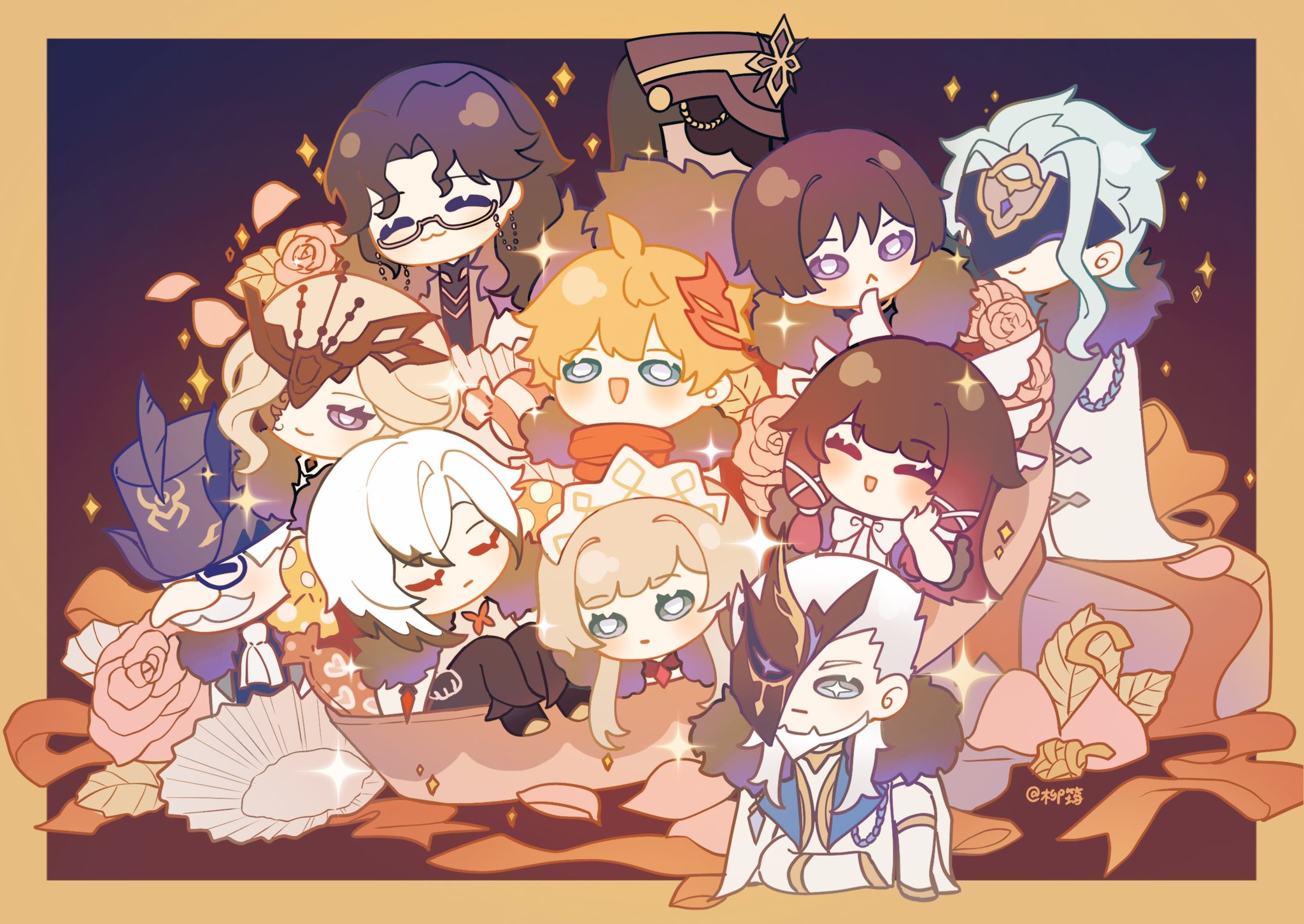 liuyun (liuyun73492), arlecchino (genshin impact), capitano (genshin impact), columbina (genshin impact), dottore (genshin impact), pantalone (genshin impact), pierro (genshin impact), pulcinella (genshin impact), sandrone (genshin impact), scaramouche (genshin impact), signora (genshin impact), tartaglia (genshin impact), genshin impact, highres, 4girls, 6+boys, :3, acorn, ahoge, aiguillette, angel wings, aqua eyes, aqua hair, artist name, ascot, black-framed eyewear, black background, black collar, black hair, black helm, black helmet, black mask, black pants, black shoes, blonde hair, blunt bangs, blunt ends, blunt tresses, blush, blush stickers, boots, border, bow, bowtie, box, bright pupils, candy wrapper, chest jewel, coat, collar, colored tips, cross-shaped pupils, cup, eye mask, facial hair, facing another, facing to the side, facing viewer, falling petals, fatui coat, flower, fur collar, gem, gift, gift box, goatee, gold, gold trim, gradient background, gradient hair, grey eyes, hair intakes, hair ornament, hair ribbon, half-closed eyes, half mask, hand on own cheek, hand on own face, hat, helmet, in container, in cup, jewelry, knee boots, lace mask, lapels, large bow, leaf, long nose, looking at viewer, looking back, mask, mask on head, multicolored hair, multiple boys, multiple girls, mustache, neck ring, open clothes, open coat, open mouth, orange border, orange hair, pants, parted bangs, petals, pink flower, pink hair, pink petals, pink rose, pointy nose, purple background, purple eyes, purple hat, red gemstone, red mask, red ribbon, red scarf, ribbon, rose, scarf, semi-rimless eyewear, shoes, short hair, short hair with long locks, sidelocks, sitting, smile, sparkle, symbol-shaped pupils, top hat, tress ribbon, white ascot, white border, white bow, white bowtie, white coat, white hair, white pupils, white wings, wing hair ornament, wings, winter clothes, winter coat, wispy bangs, yellow-framed eyewear