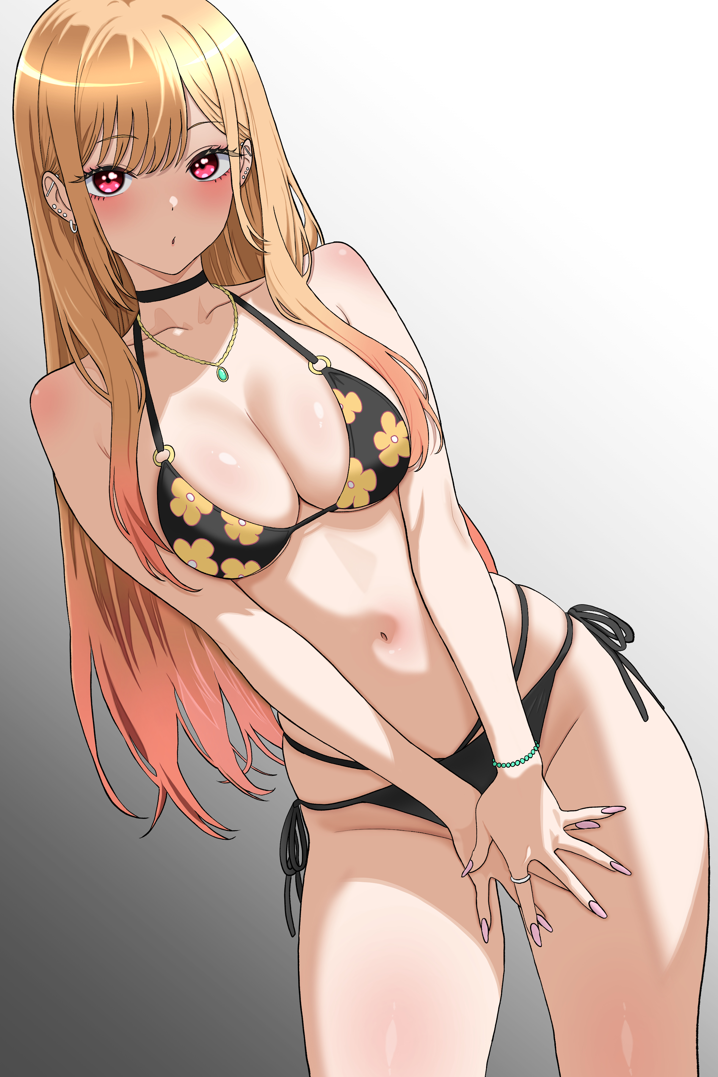 kitagawa marin, sono bisque doll wa koi wo suru, absurdres, highres, 1girl, abcd1234 02, bikini, black bikini, black choker, blonde hair, bracelet, breasts, choker, cleavage, collarbone, cowboy shot, ear piercing, earrings, floral print, floral print bikini, jewelry, long hair, looking at viewer, medium breasts, navel, necklace, parted lips, piercing, pink nails, print bikini, red eyes, simple background, solo, stomach, swimsuit, very long hair