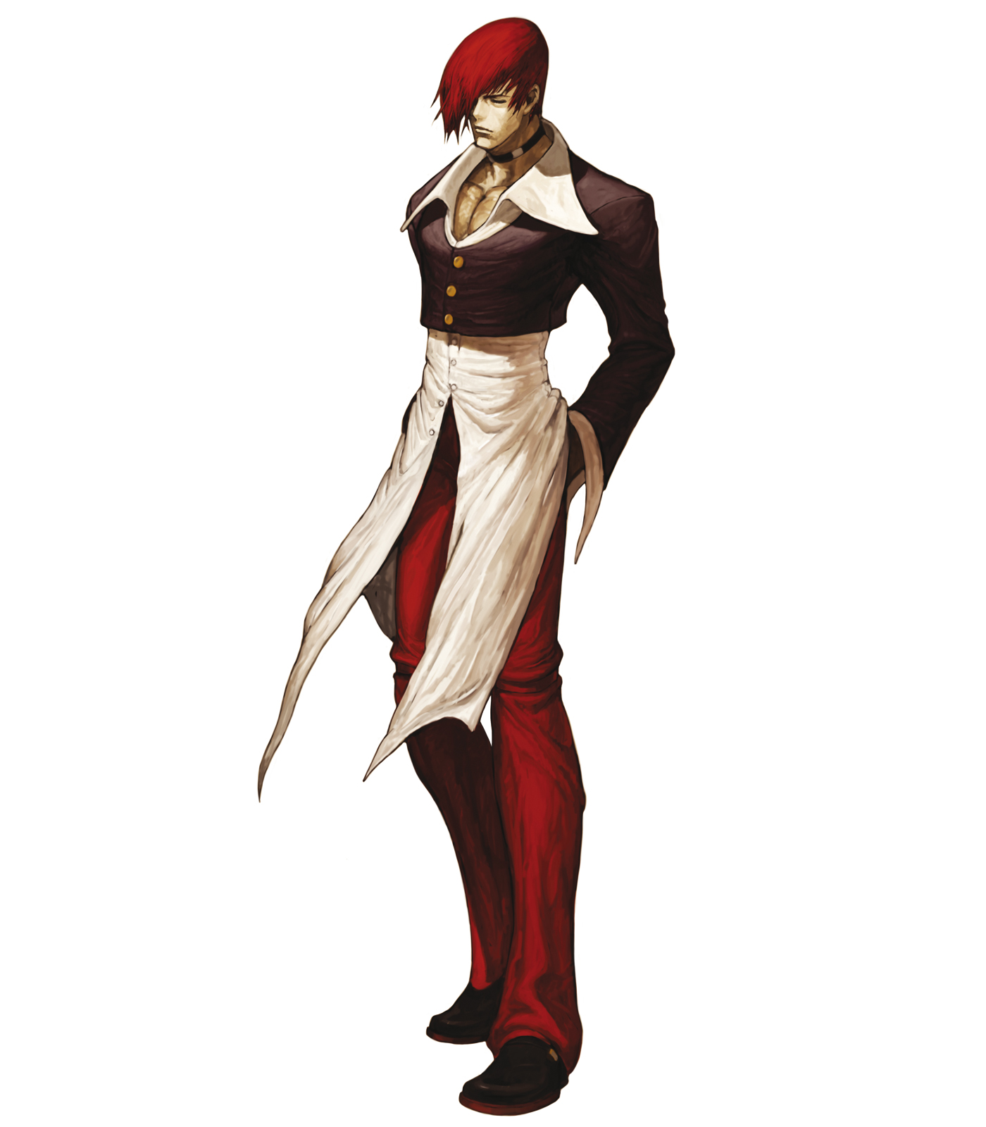 nona, yagami iori, snk, svc chaos, the king of fighters, highres, official art, 1boy, choker, closed eyes, hair over one eye, male focus, pants, red hair, red pants, solo