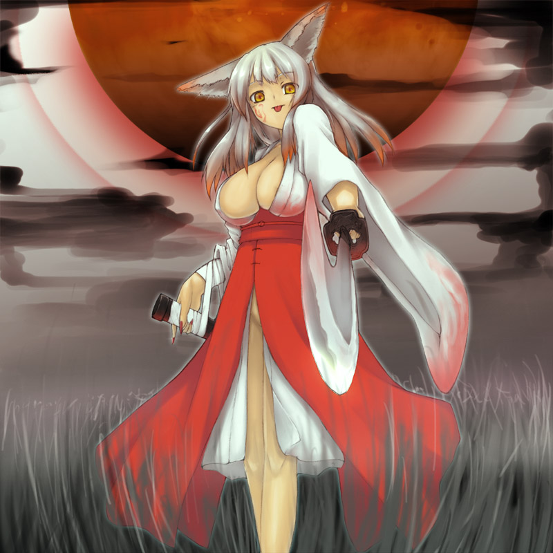 pen (pen3), silver hair, 1girl, :p, adapted uniform, animal ears, breasts, cleavage, covered erect nipples, female focus, foreshortening, fox ears, hakama, hakama skirt, huge breasts, japanese clothes, katana, kimono, long hair, miko, moon, red hakama, skirt, solo, sword, tongue, tongue out, weapon, yellow eyes
