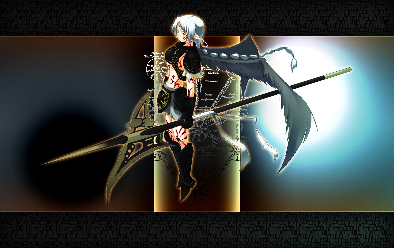 pen (pen3), lyrical nanoha, mahou shoujo lyrical nanoha, original, silver hair, bad id, bad pixiv id, highres, 00s, 1girl, armor, boots, braid, female focus, halberd, long hair, midriff, pointy ears, polearm, sefirot, solo, tattoo, weapon, wings