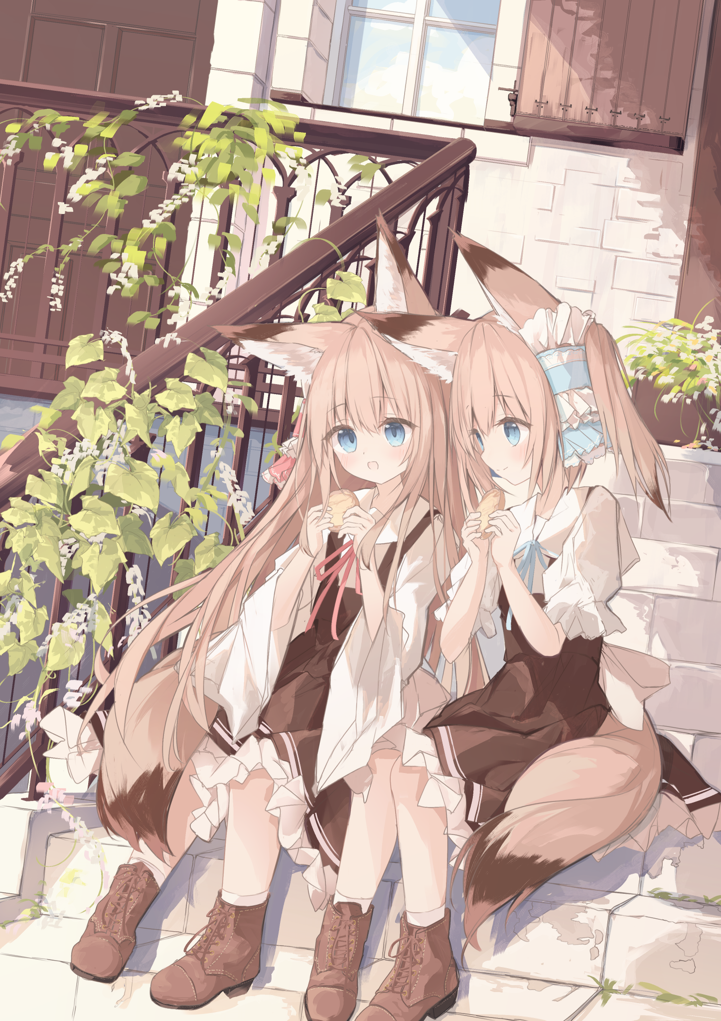 kushida you, original, commentary request, highres, 2girls, :d, animal ear fluff, animal ears, blue eyes, blue ribbon, blush, boots, brown boots, brown dress, brown hair, building, closed mouth, collared shirt, day, dress, flower, food, fox ears, fox girl, fox tail, frilled dress, frills, hair between eyes, holding, holding food, lace-up boots, long sleeves, multiple girls, neck ribbon, open mouth, outdoors, pink ribbon, puffy short sleeves, puffy sleeves, railing, ribbon, shirt, short sleeves, sitting, sitting on stairs, sleeveless, sleeveless dress, smile, socks, stairs, stone stairs, tail, white flower, white shirt, white socks, wide sleeves, window