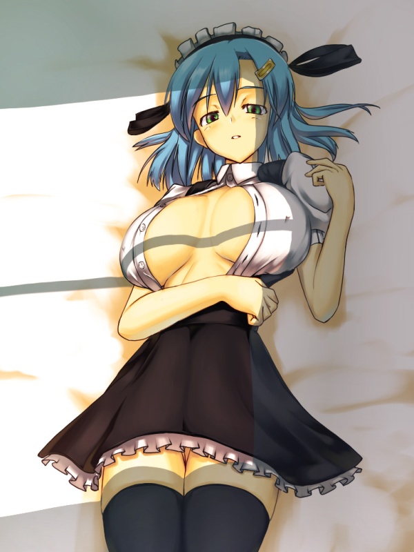 pen (pen3), 1girl, blue hair, breasts, female focus, green eyes, hair ornament, hairclip, huge breasts, lying, maid, open clothes, open shirt, shirt, short hair, sideboob, solo, thighhighs, zettai ryouiki