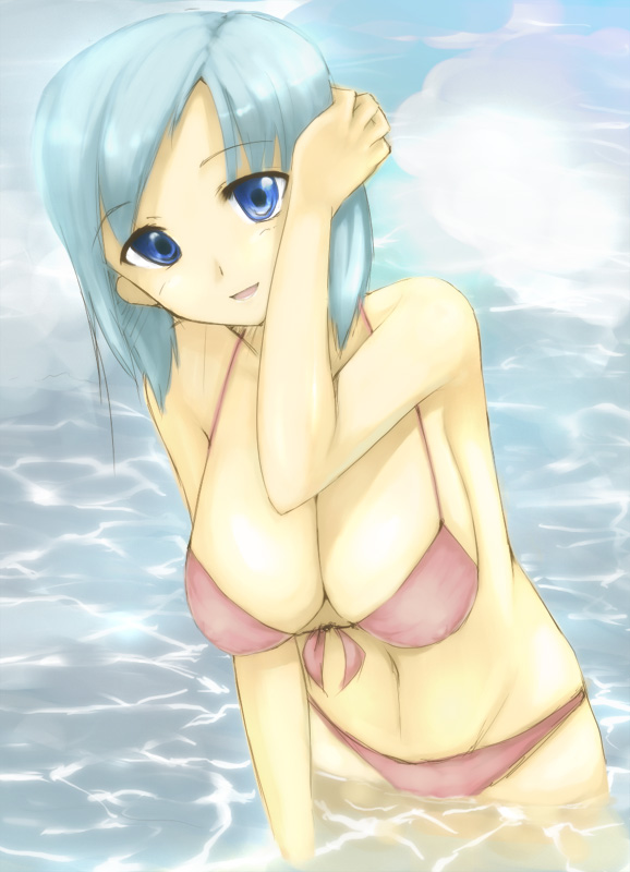 pen (pen3), 1girl, adjusting hair, bikini, blue eyes, blue hair, breasts, cleavage, female focus, large breasts, matching hair/eyes, pink bikini, short hair, smile, solo, swimsuit, water