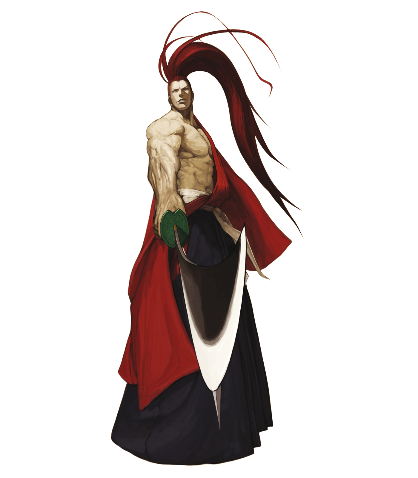 nona, kibagami genjuro, samurai spirits, snk, svc chaos, highres, official art, 1boy, hakama, hakama skirt, japanese clothes, katana, long hair, male focus, muscular, perspective, ponytail, red hair, samurai, skirt, solo, sword, weapon