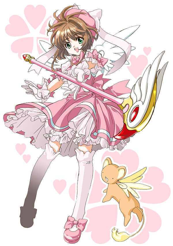 yo ne suke, yonesuke, kero (cardcaptor sakura), kinomoto sakura, kinomoto sakura (magician), cardcaptor sakura, 1990s (style), 1girl, ahoge, bow, brown hair, child, dress, fuuin no tsue, gloves, green eyes, hair intakes, hat, magical girl, mary janes, open mouth, pink bow, pink dress, pink hat, puffy sleeves, retro artstyle, ribbon, shoes, short hair, smile, thighhighs, wand, white gloves, white thighhighs, wings