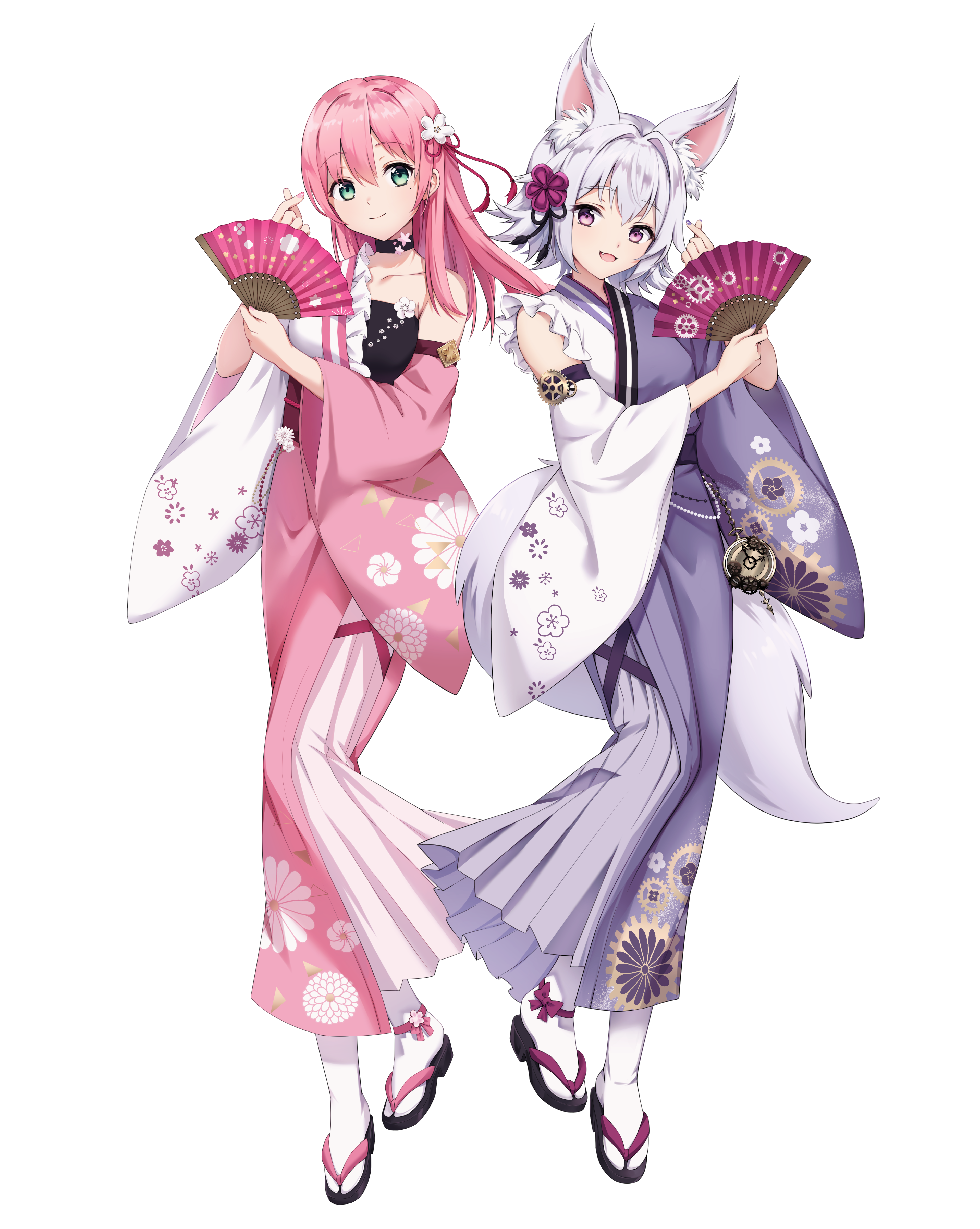 iluka (ffv7), indie virtual youtuber, absurdres, commentary request, highres, 2girls, :d, alba (vtuber), asymmetrical sleeves, bare shoulders, black sandals, closed mouth, detached sleeves, full body, green eyes, hand fan, holding, holding fan, japanese clothes, kimono, long hair, long sleeves, looking at viewer, mismatched sleeves, multiple girls, nonohana reala, open mouth, pink eyes, pink hair, pink kimono, pink sleeves, purple kimono, purple sleeves, sandals, short hair, simple background, sleeveless, sleeveless kimono, smile, socks, standing, tabi, transparent background, virtual youtuber, white hair, white sleeves, white socks, wide sleeves