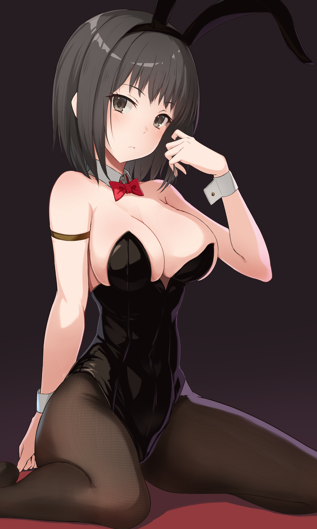k3rd, takitsubo rikou, toaru anbu no item, toaru kagaku no railgun, toaru majutsu no index, commentary request, highres, paid reward available, 1girl, adjusting hair, animal ears, arm strap, black hair, black leotard, black pantyhose, bow, bowtie, breasts, brown eyes, cleavage, closed mouth, detached collar, fake animal ears, large breasts, leotard, light blush, looking at viewer, medium hair, multiple girls, pantyhose, playboy bunny, rabbit ears, red bow, red bowtie, simple background, sitting, solo, wariza, white wrist cuffs, wrist cuffs