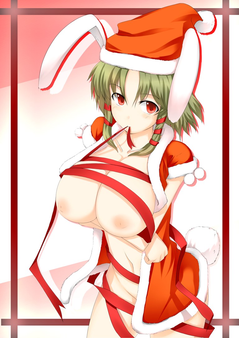 pen (pen3), 1girl, animal ears, breasts, christmas, female focus, green hair, hat, inverted nipples, large breasts, mouth hold, naked ribbon, nipples, rabbit ears, rabbit tail, red eyes, ribbon, santa costume, santa hat, solo, tail