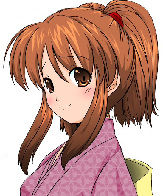 yk9821, asahina mikuru, suzumiya haruhi no yuuutsu, 00s, 1girl, blush, brown eyes, brown hair, female focus, japanese clothes, kimono, looking at viewer, official alternate hairstyle, sidelocks, simple background, smile, solo, twintails, upper body, white background
