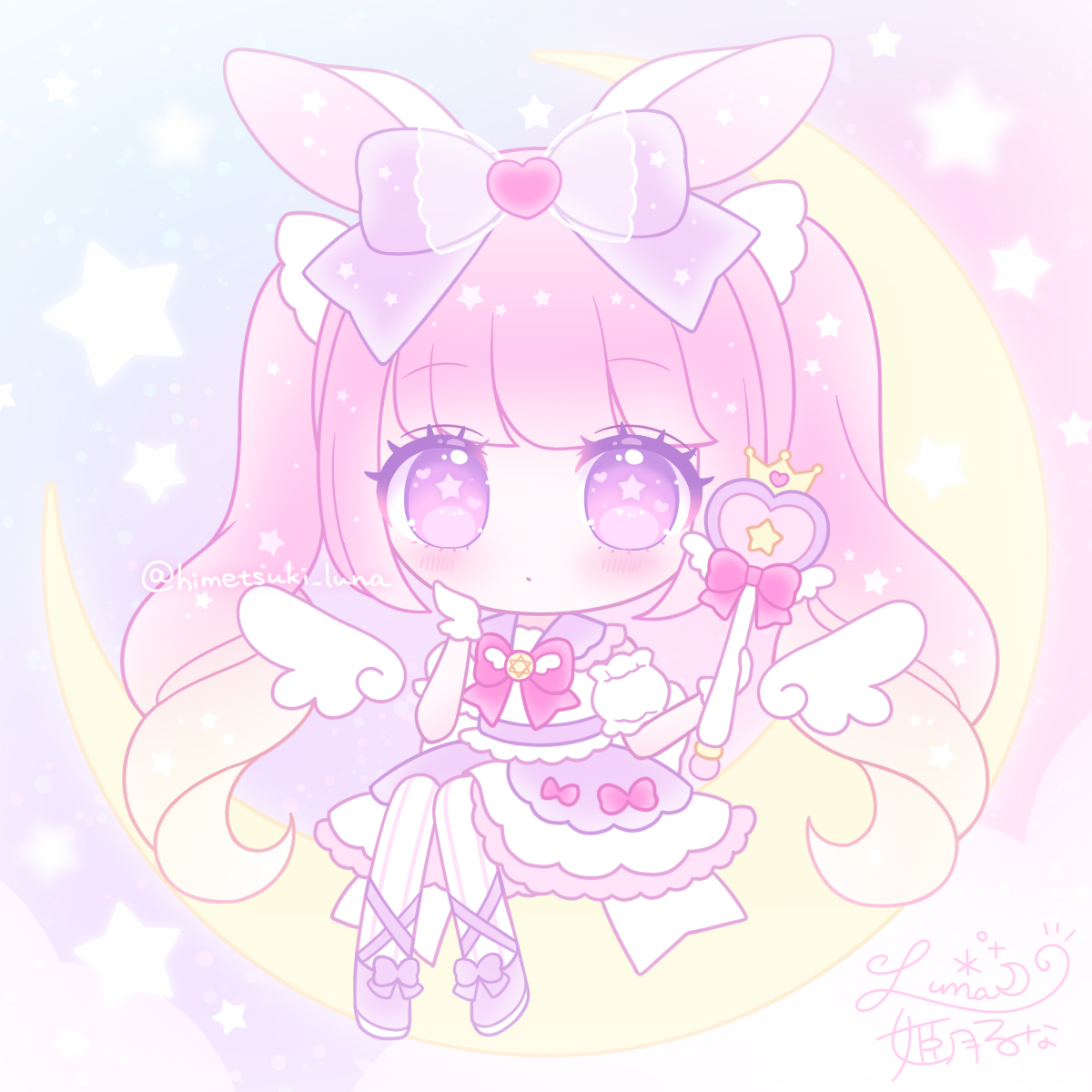 himetsuki luna, original, commentary request, highres, 1girl, animal ears, blush, bow, brown hair, chibi, closed mouth, detached sleeves, full body, gradient hair, hair bow, heart, heart in eye, long hair, magical girl, multicolored hair, pantyhose, pink hair, puffy short sleeves, puffy sleeves, purple bow, purple eyes, purple skirt, rabbit ears, ribbed pantyhose, shirt, short sleeves, skirt, solo, star-shaped pupils, star (symbol), symbol-shaped pupils, symbol in eye, twintails, very long hair, white pantyhose, white shirt, white sleeves